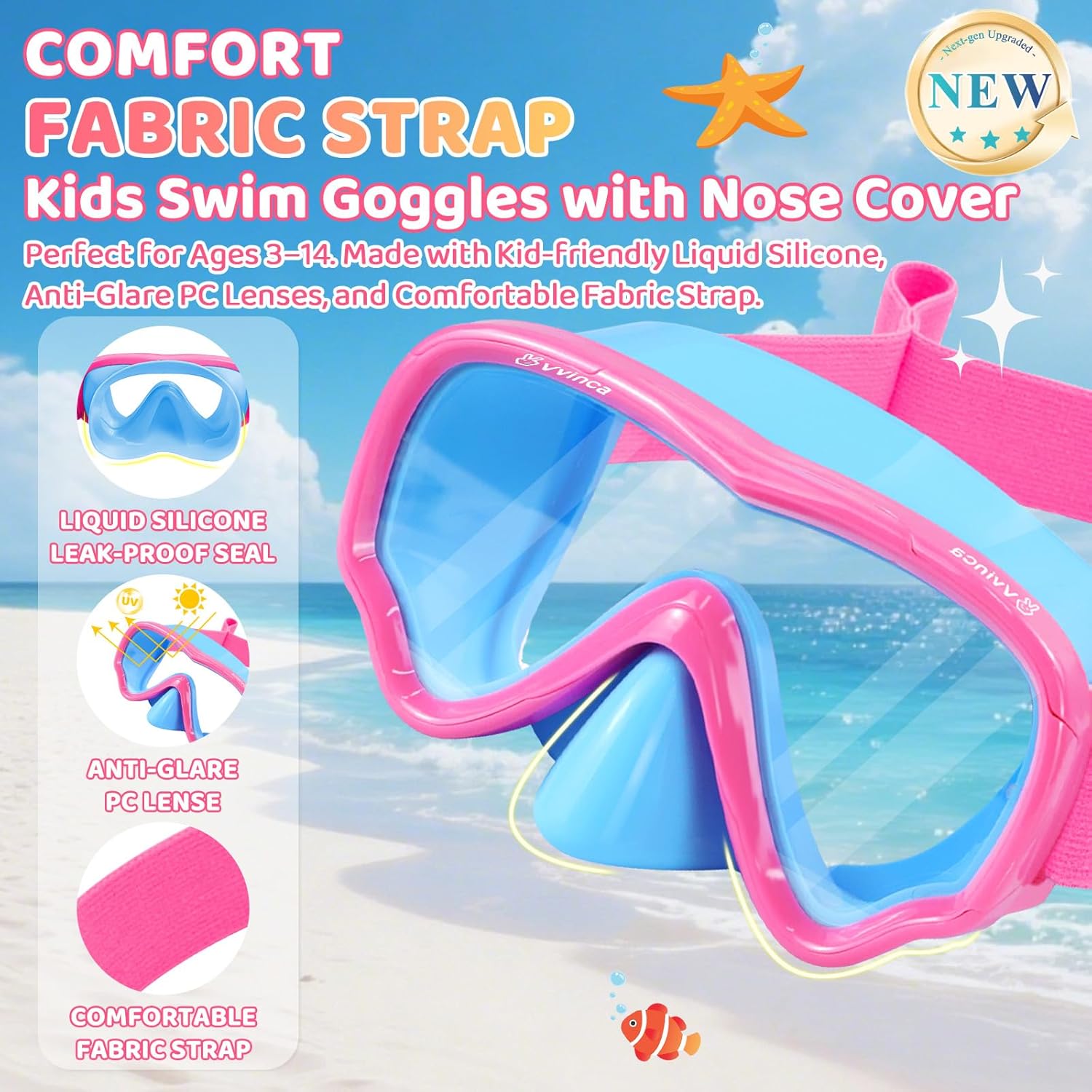 Vvinca Kids Swim Goggles with Nose Cover, Snorkel Diving Mask Fabric Strap Anti Fog Anti Shattered Lens Goggles for Kids 3-15