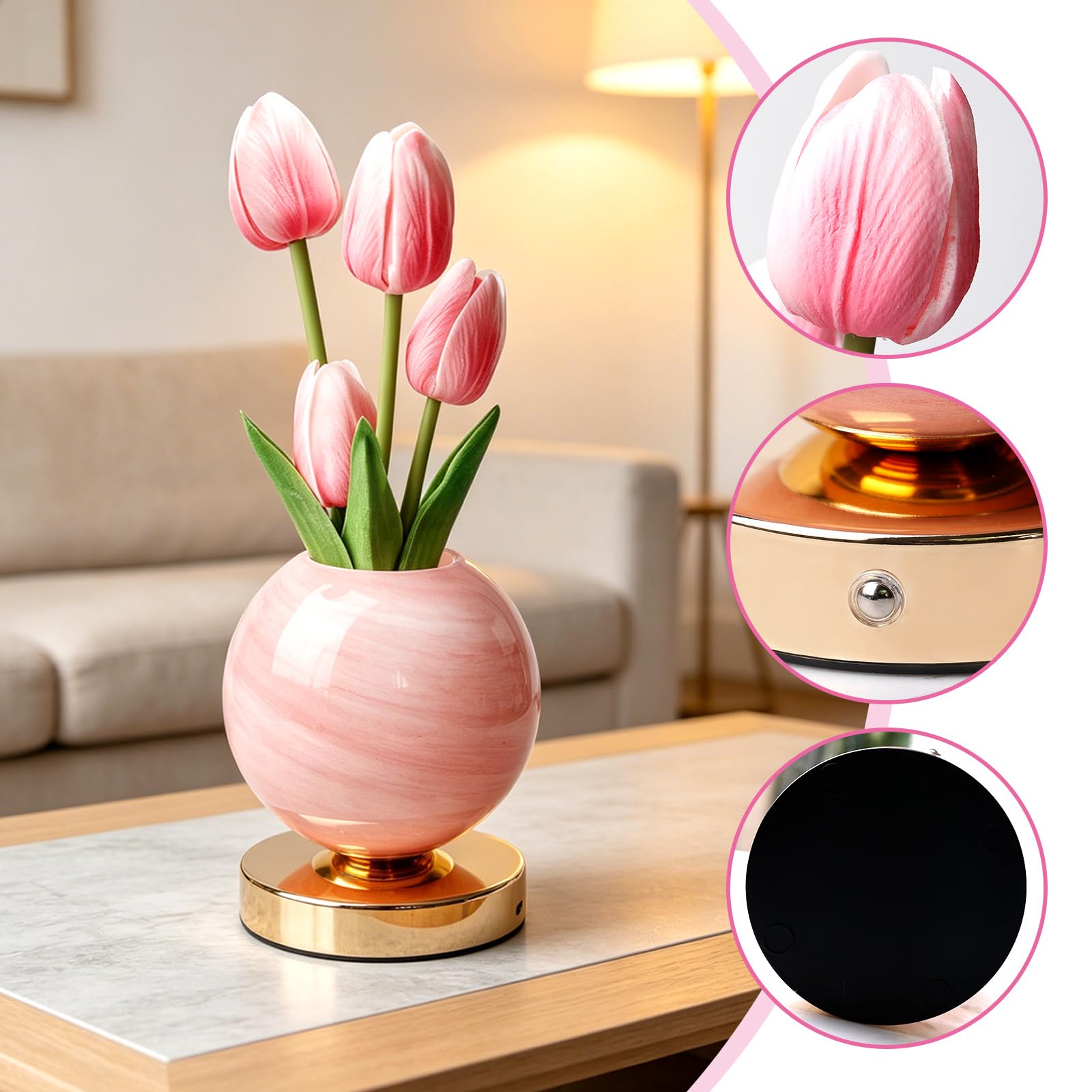 Lampada da Comodino con Ricarica USB, Luce Notturna Tulipano Rosa con 3 Modalità di Colore e Intensità Regolabile, Lampada da Comodino Senza Fili Touch per Camera Regalo di Compleanno per