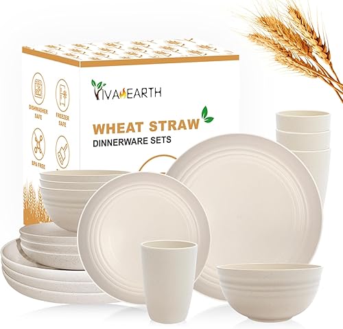 VIVAHEARTH Juego de vajilla de paja de trigo para 4, juego de platos de 16 piezas, platos irrompibles, cuencos, tazas para cocina, fiestas, camping,