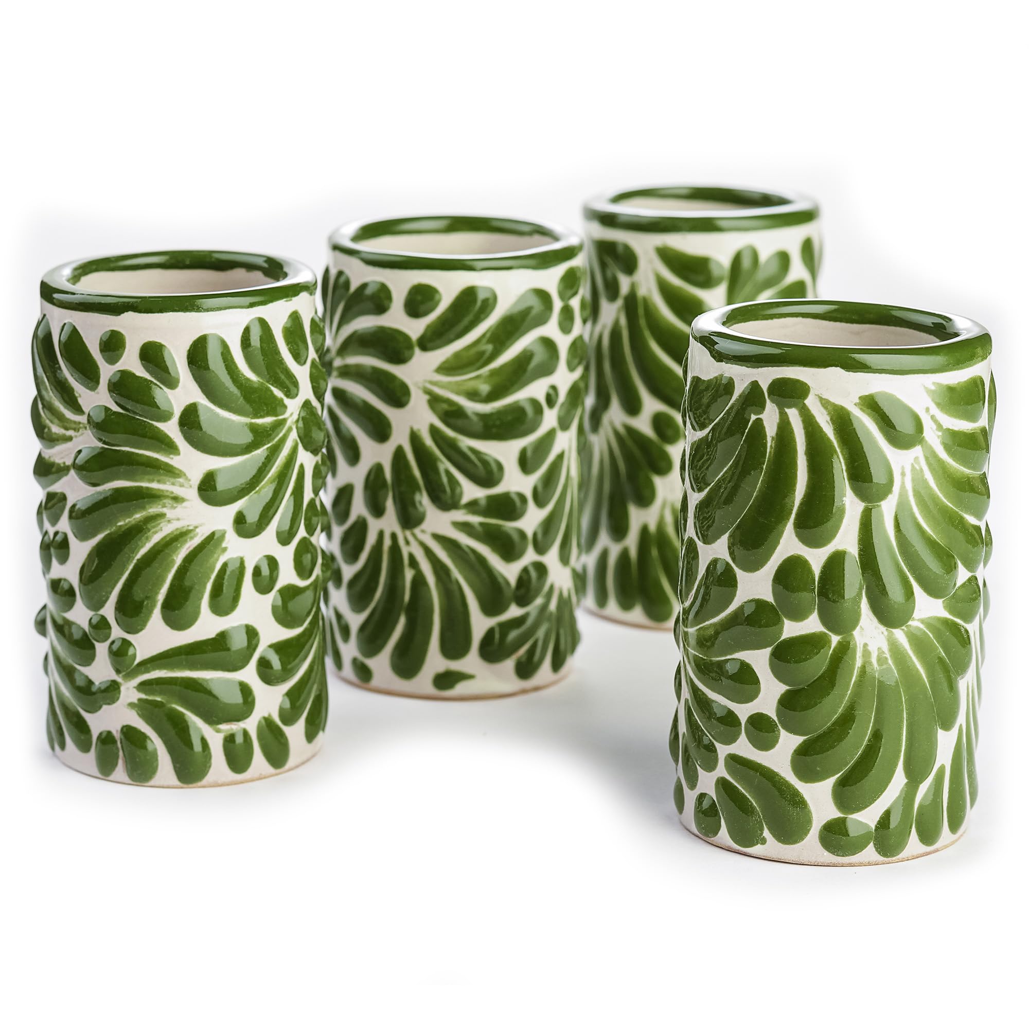 Talavera Shot Glasses Set of 4 Authentic Hand-Painted Mexican Tequila Shot Glasses Glass - 2 Oz (Green Brushstroke White Background)