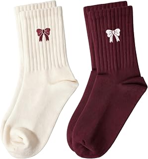 Women Cute Bow Crew Socks, Ruffled Novelty Casual Cotton Calf Sock | Frilled Trim, Breathable, Soft Cozy, Fun Style, Cherry Strawberry, for School Uniform Running, Flats, Loafers, Sneakers, Gift