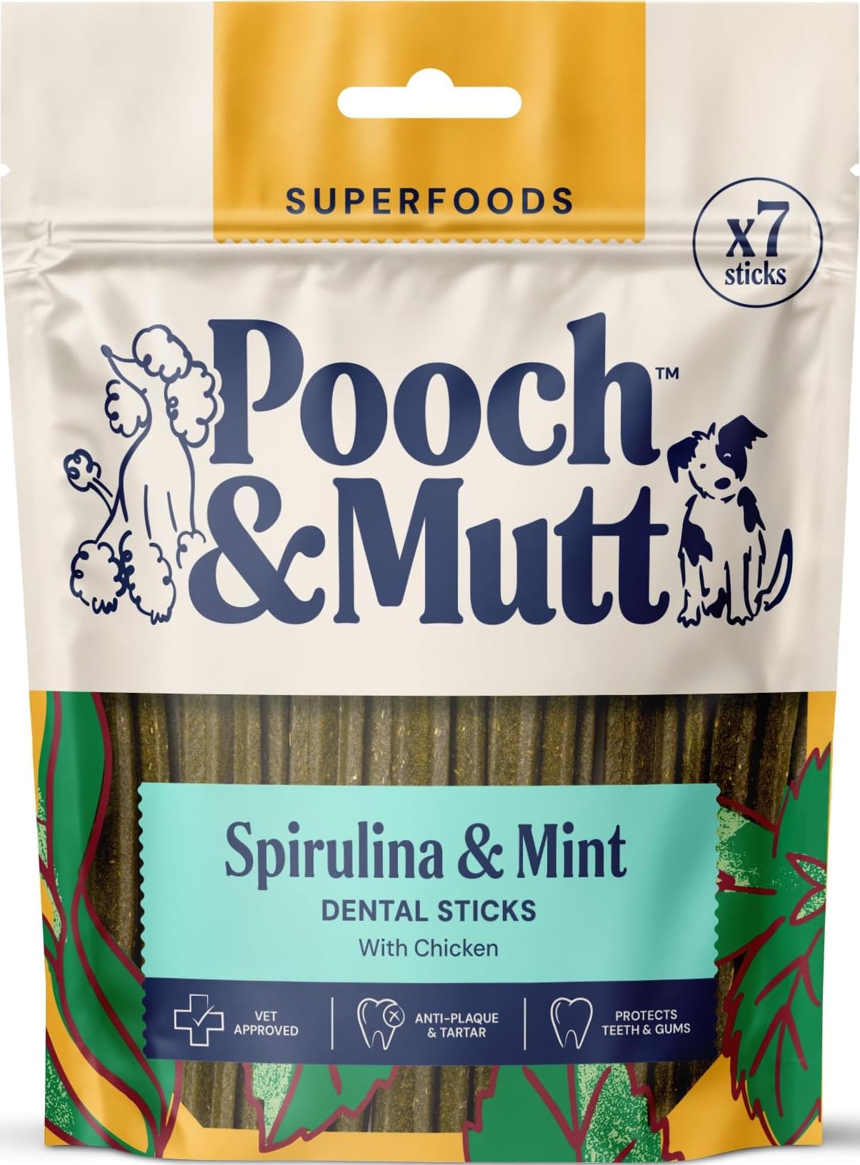 Pooch & Mutt - Superfood Dog Dental Sticks, Spirulina & Mint, 7 sticks | Anti Plaque & Tartar, Regular Sized Dental Sticks for Dogs,Teeth Cleaning, Dog Dental Care