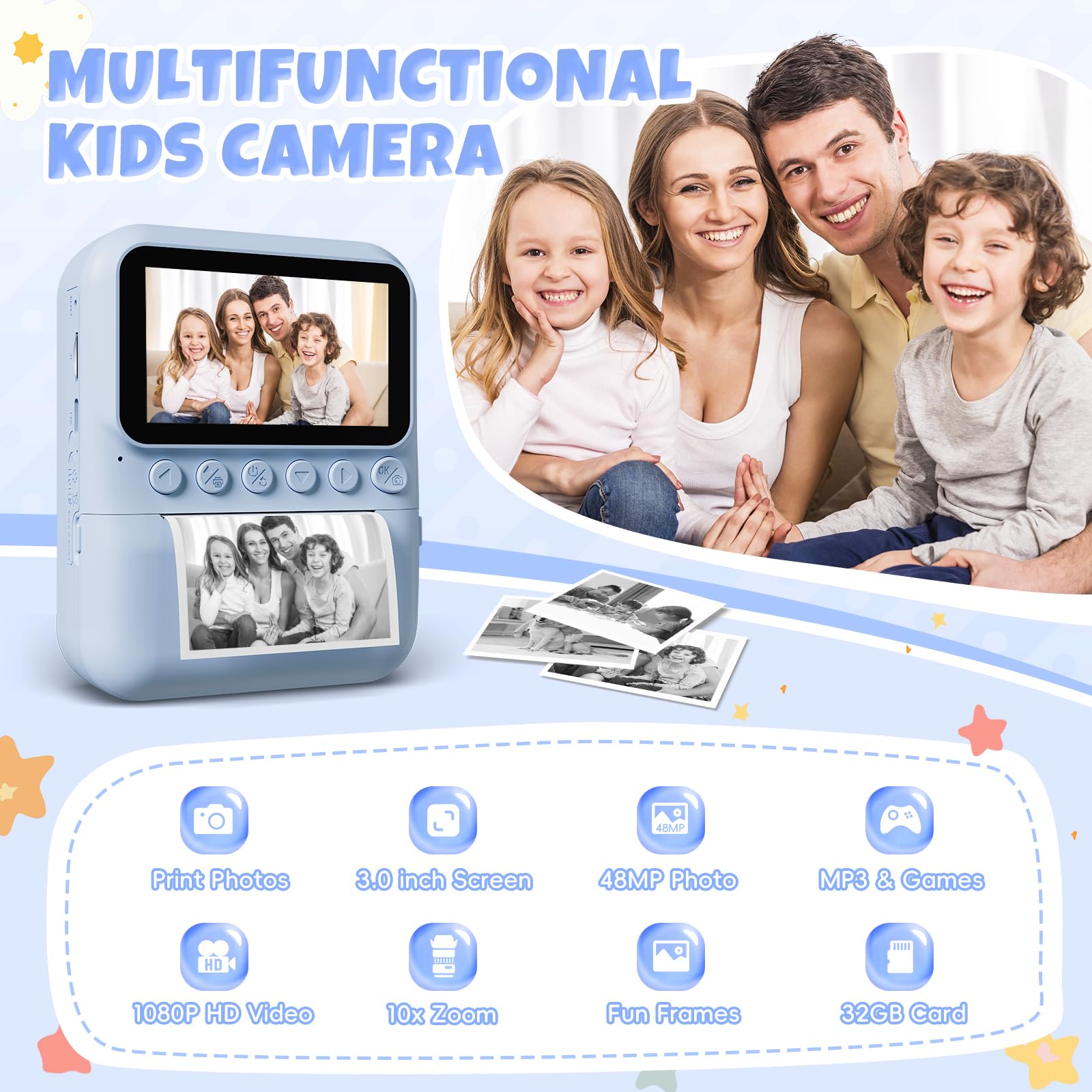 CalineGam Macchina Fotografica Bambini Istantanea, 3,0'' Schermo HD 48MP Fotocamera Digitale Bambini con Scheda da 32GB, Camera Giocattolo Regalo per Ragazzi e Ragazze dai 3 ai 12 Anni (Blu)