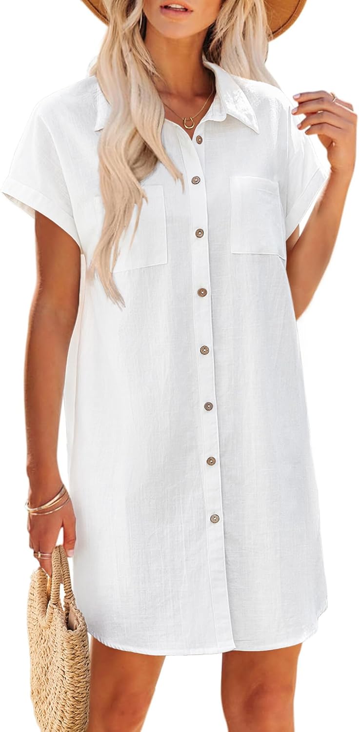 Zeagoo Summer Dresses for Women 2025 Cotton Button Down Short Sleeve Tshirt Dresses Casual Mini Beach Dress