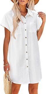 Women's Summer Dress 2025 Cotton Button Down Short Sleeve Tshirt Dresses Casual Flowy V Neck Loose Mini Beach Dress - Buy now