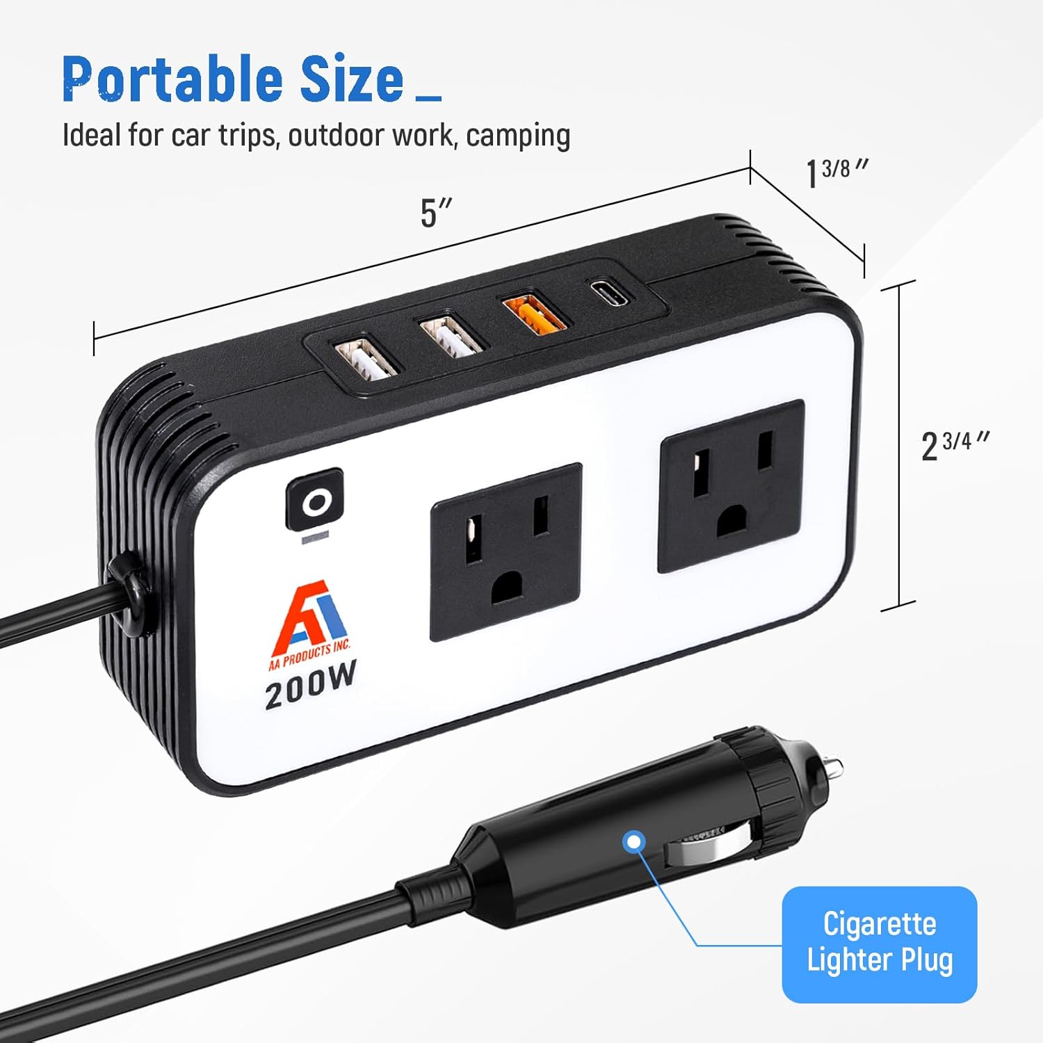 AA Products P-SH-Power Inverter 12V DC to 110V AC 200W Car Charger Adapter Various Charging Protocols Fits AA Products Power Tool Organizer