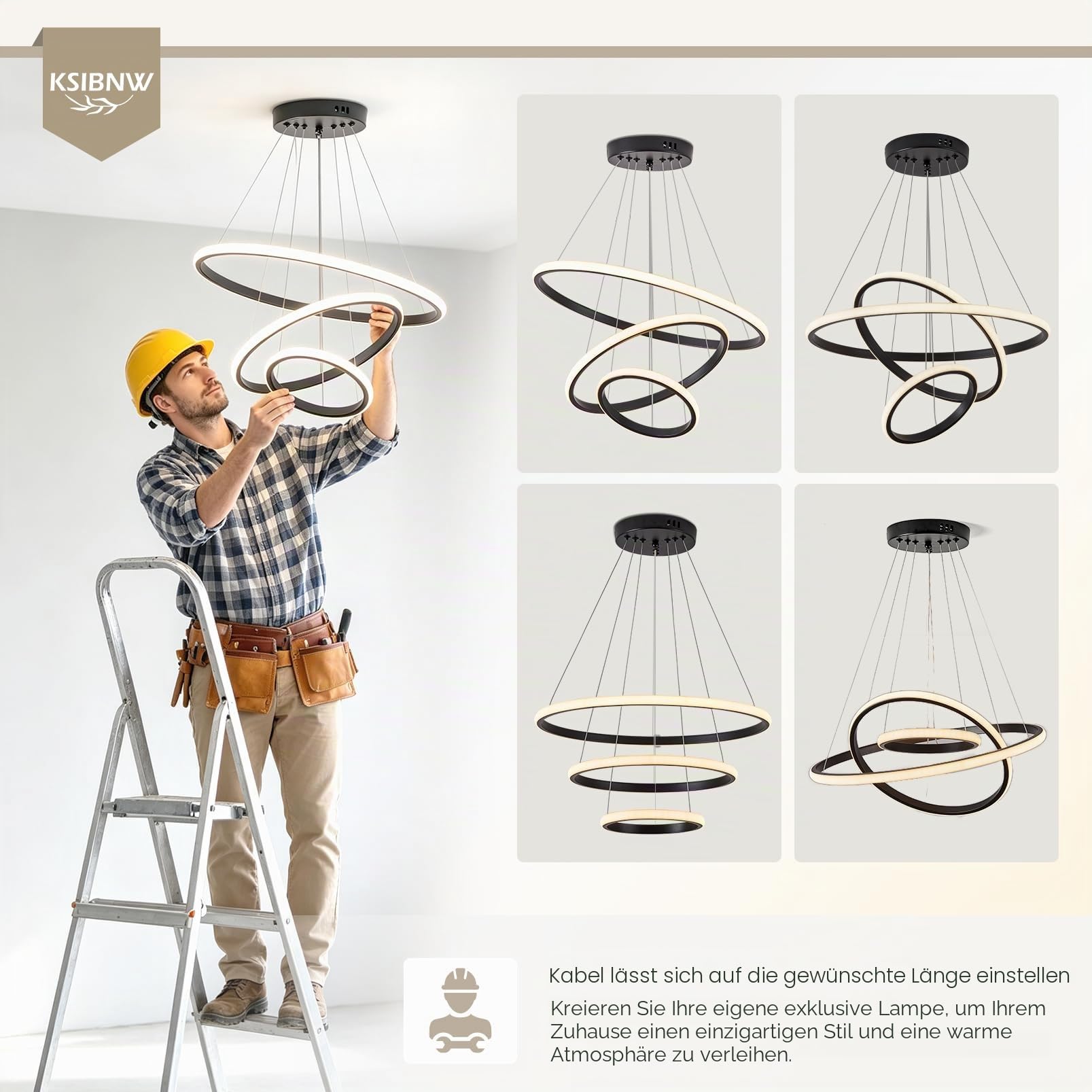 KSIBNW 3 Ringen Moderne LED Hängelampe Esstisch,45W LED Hängeleuchte & Pendelleuchten Höhenverstellbar für Esszimmer Wohnzimmer,Dimmbar Hängeleuchte Aluminium Mit Fernbedienung,3000K-6500K,Schwarz