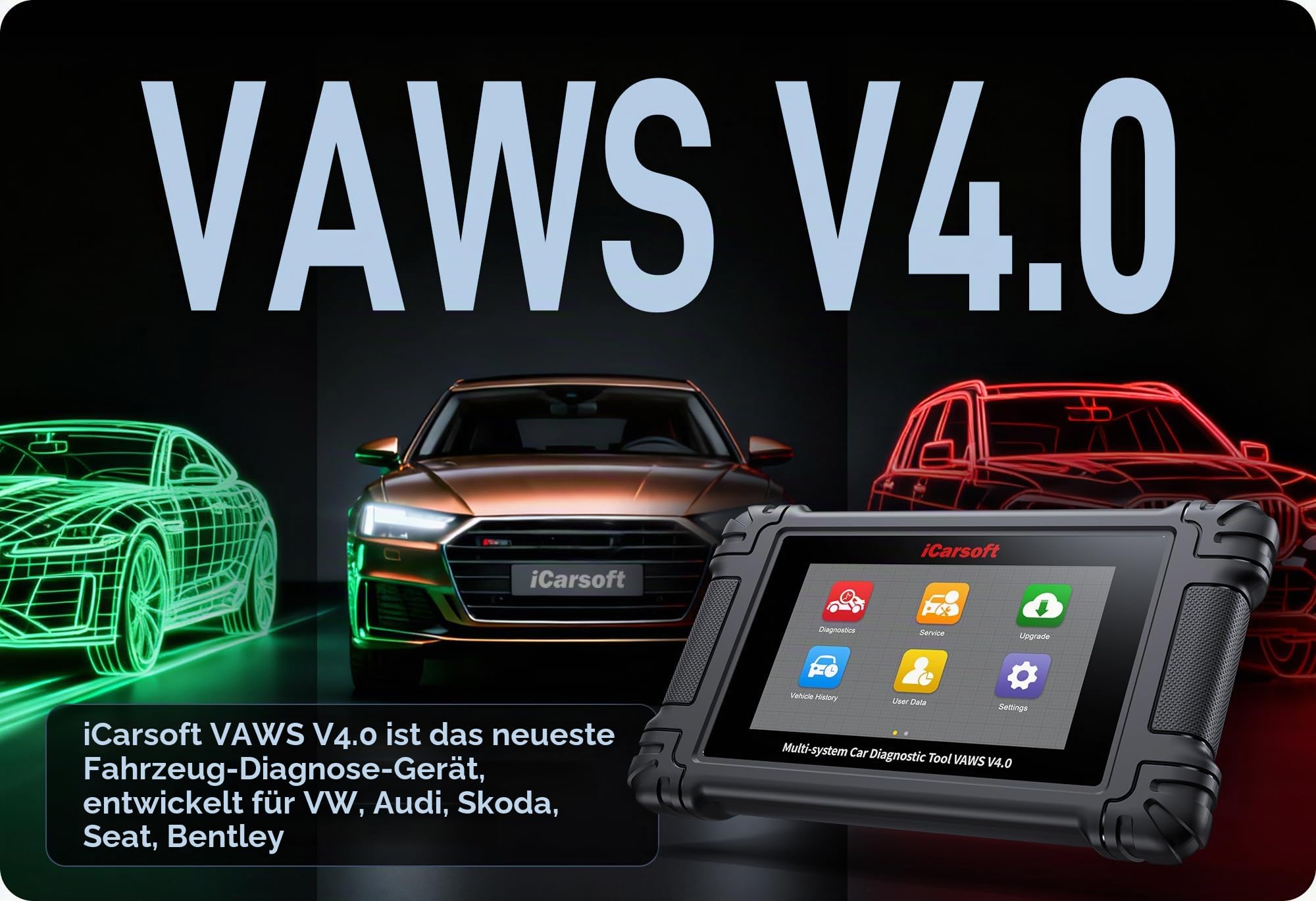 iCarsoft VAWS V4.0 Diagnosegerät für VW Audi Skoda Seat – Profi OBD2 Scanner mit Service Reset, Fehlercode-Auslese/Löschen, Ölservice, EPB, DPF, Batterie-Test, Vollsystem Diagnose Tool