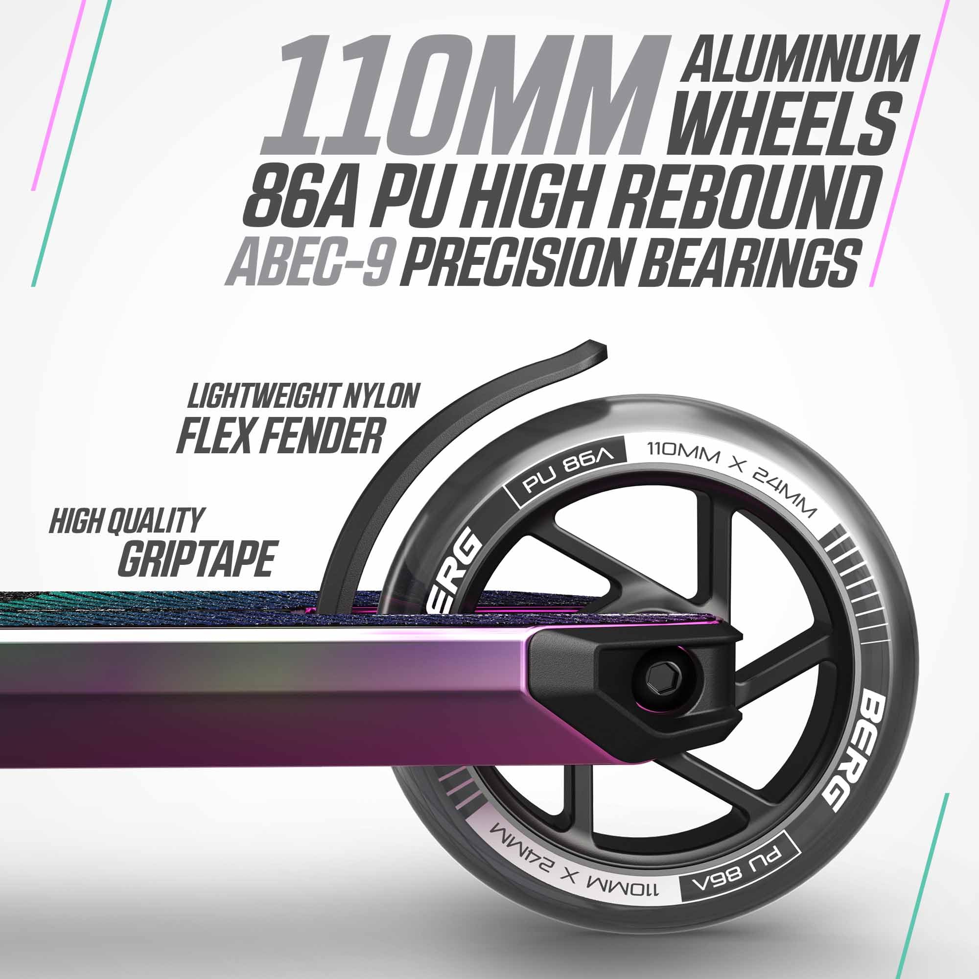 BERG Proxus X1 Stuntscooter für Kinder | Freestyle Scooter für Skatepark & Straße | Aluminium Deck 500 mm | 110 mm Räder | ABEC 9 Lager | IHC Kompression | Leicht & Stabil