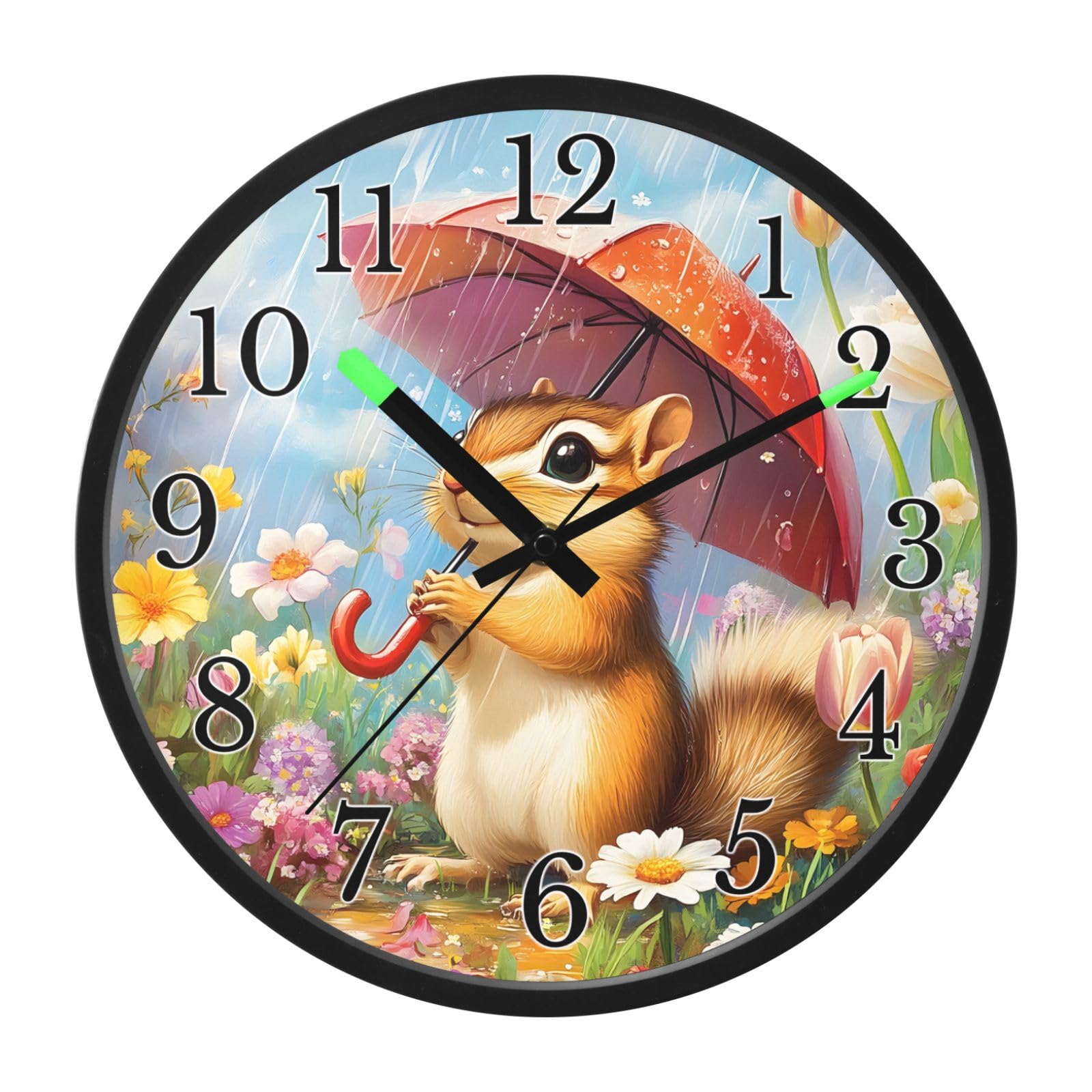 Mnsruu Reloj de pared luminoso con diseño de paraguas y flores, reloj de pared que brilla en la oscuridad, funciona con pilas, silencioso, sin tictac, luz nocturna para dormitorio