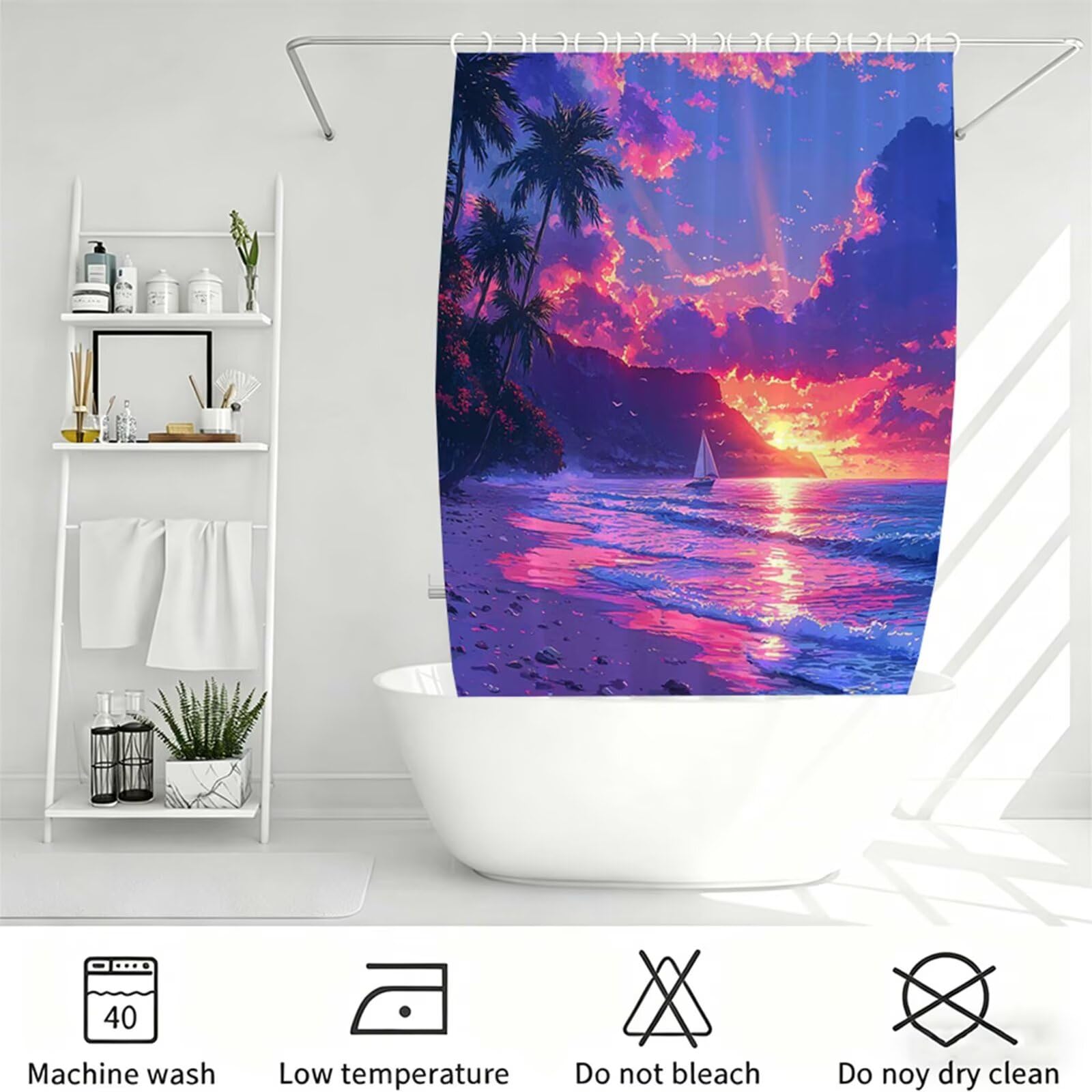 viola chiaro Tenda Doccia 200x200cm, Tenda per Doccia Tessuto Poliestere Impermeabile Asciugatura Rapida con 12 Anelli, Tende Finestra Bagno e Vasca Pieghevole Shower Curtain Vista mare J-642