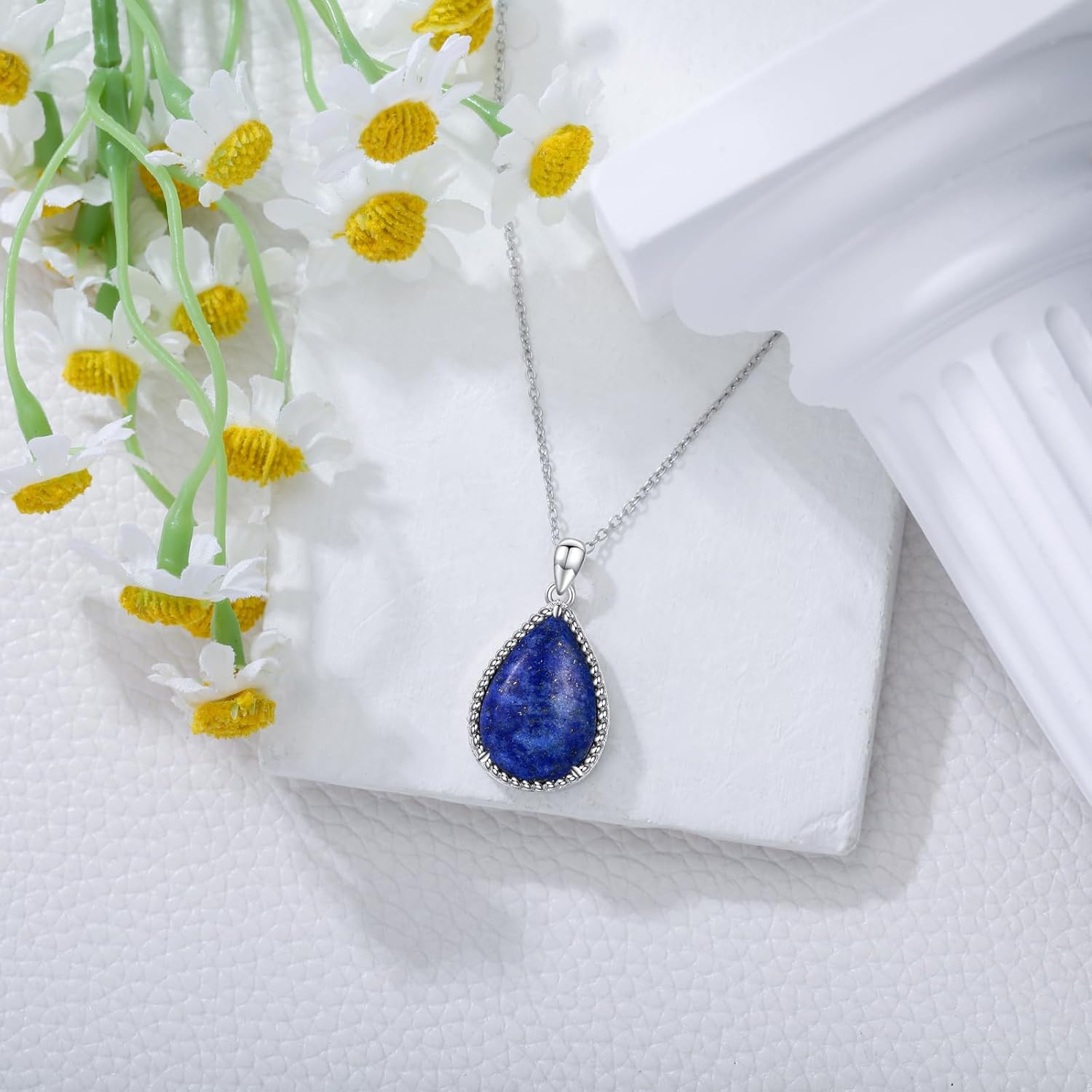 VONALA Sterling Silver Necklace Moss Agate/Turquoise/Larimar/Aquamarine/Opal/Black Onyx/Rose Quartz/Moonstone Pendant Teardrop Necklace Jewelry Gift for Women