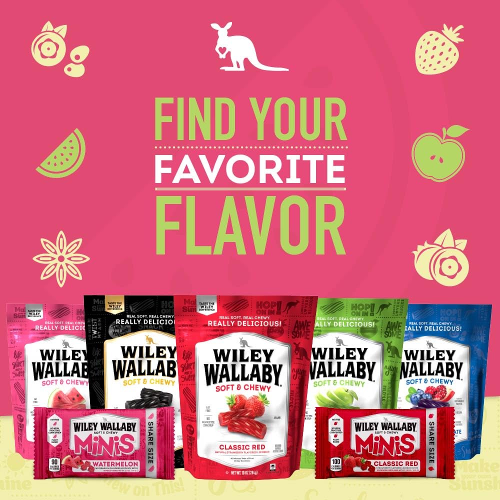 Wiley Wallaby Mini Licorice Bites 3.5 Ounce Classic Gourmet Soft & Chewy Australian Watermelon Licorice Candy Bags, 18 Pack