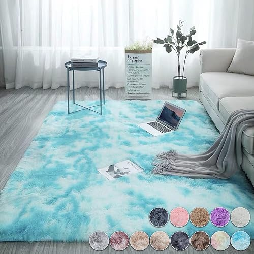 OdentBlca Area Rug,4x5 Fluffy Rug for Kids Bedroom,Soft Fuzzy Shaggy Rugs for Living Room with Non-Slip Bottom,Light Blue Area Rug