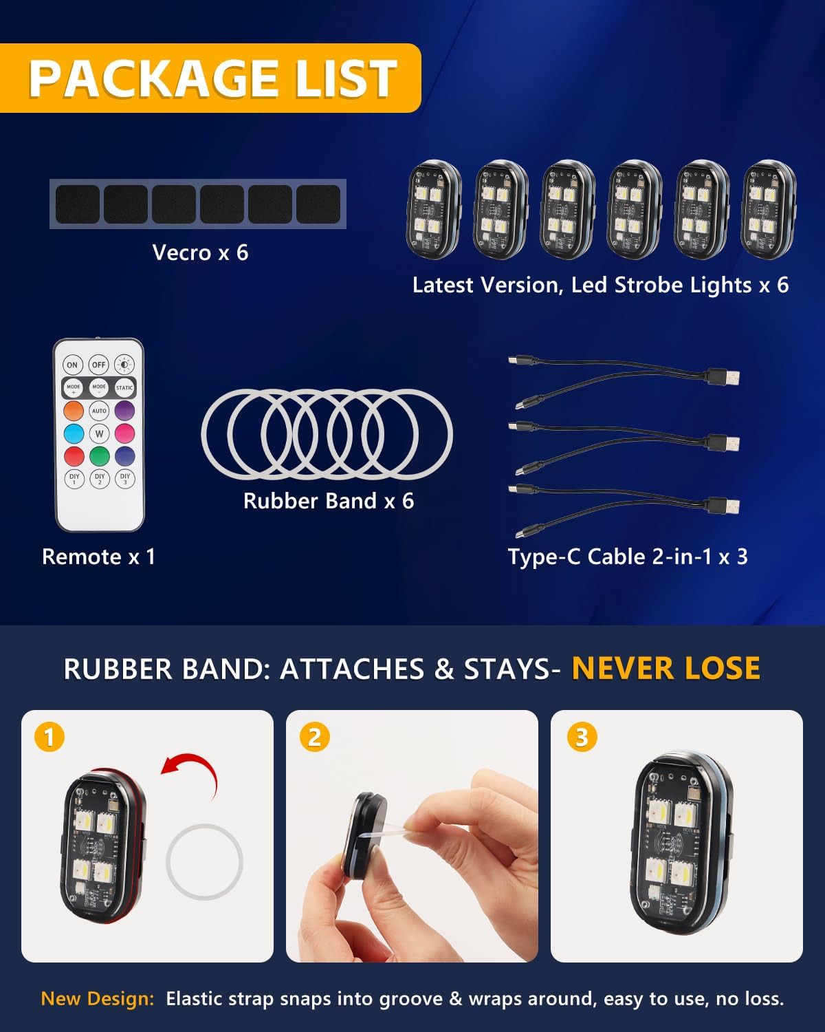 Upgrade 6PCS Wireless 4-LED Strobe Lights with Remote, 8 Colors Waterproof Anti-Collision Aircraft Strobe Lights, Type-C charging LED Warning Light for Motorcycle Bike Drone Aircraft