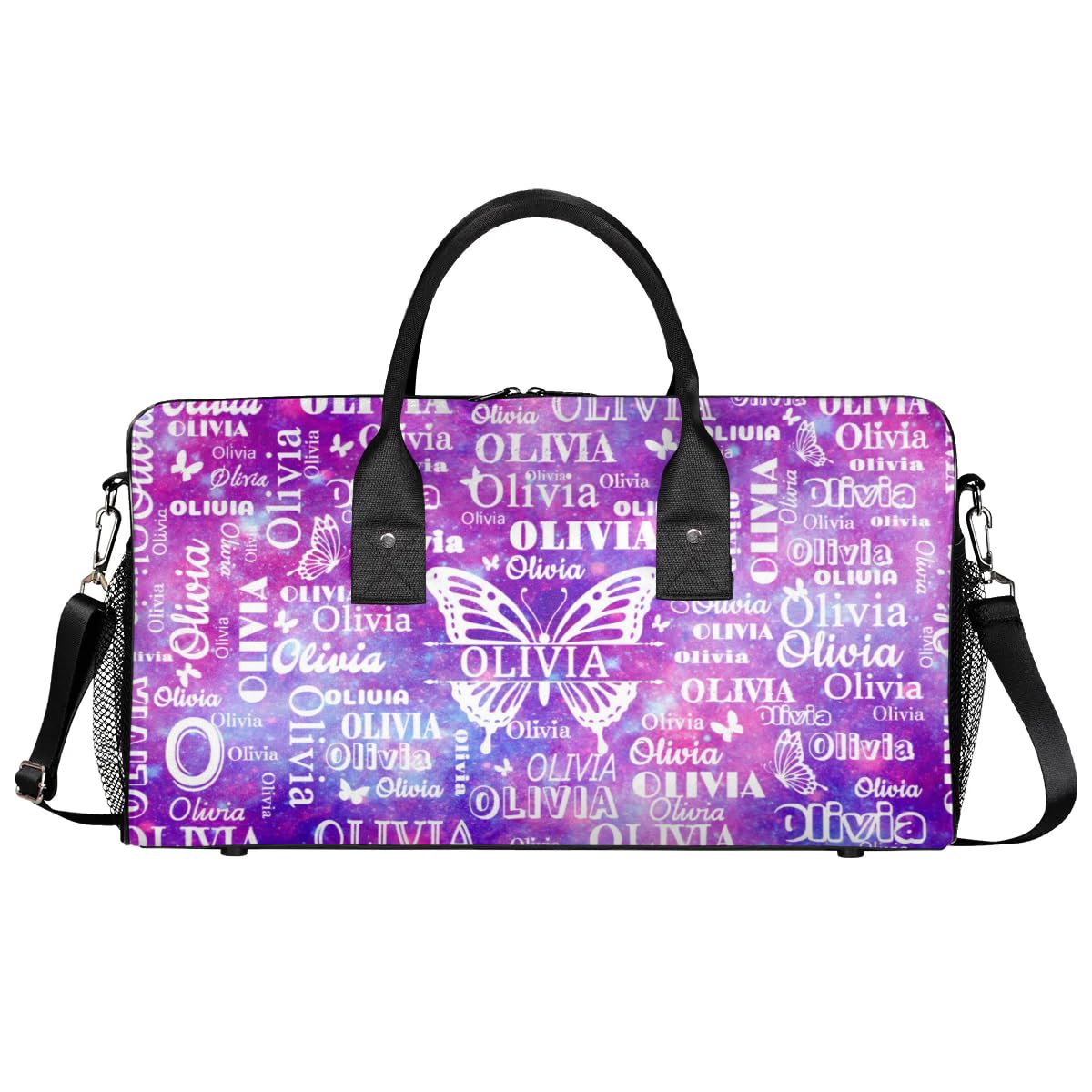 Personalized Sport Dance Bag Custom Duffle Bag, Butterfly Gym Bag Customized Travel Duffel Bag with Name White, Watercolor Purple Galaxy Background