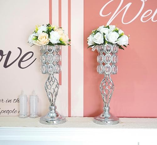 Miniatura 4 de Juego de 2 jarrones de metal de cristal para mesas de boda de 20 pulgadas, jarrones de flores de trompeta plateados, soportes para boda, fiesta,