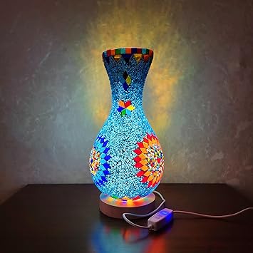 Retro Turkish Mosaic Vase Lamp Turkish Moroccan Table Lamp Colorful Handmade Glass Vase with Wood Base for Flowers USB Charge Decor Light for Bedroom Ambient Living Room Farmhouse
