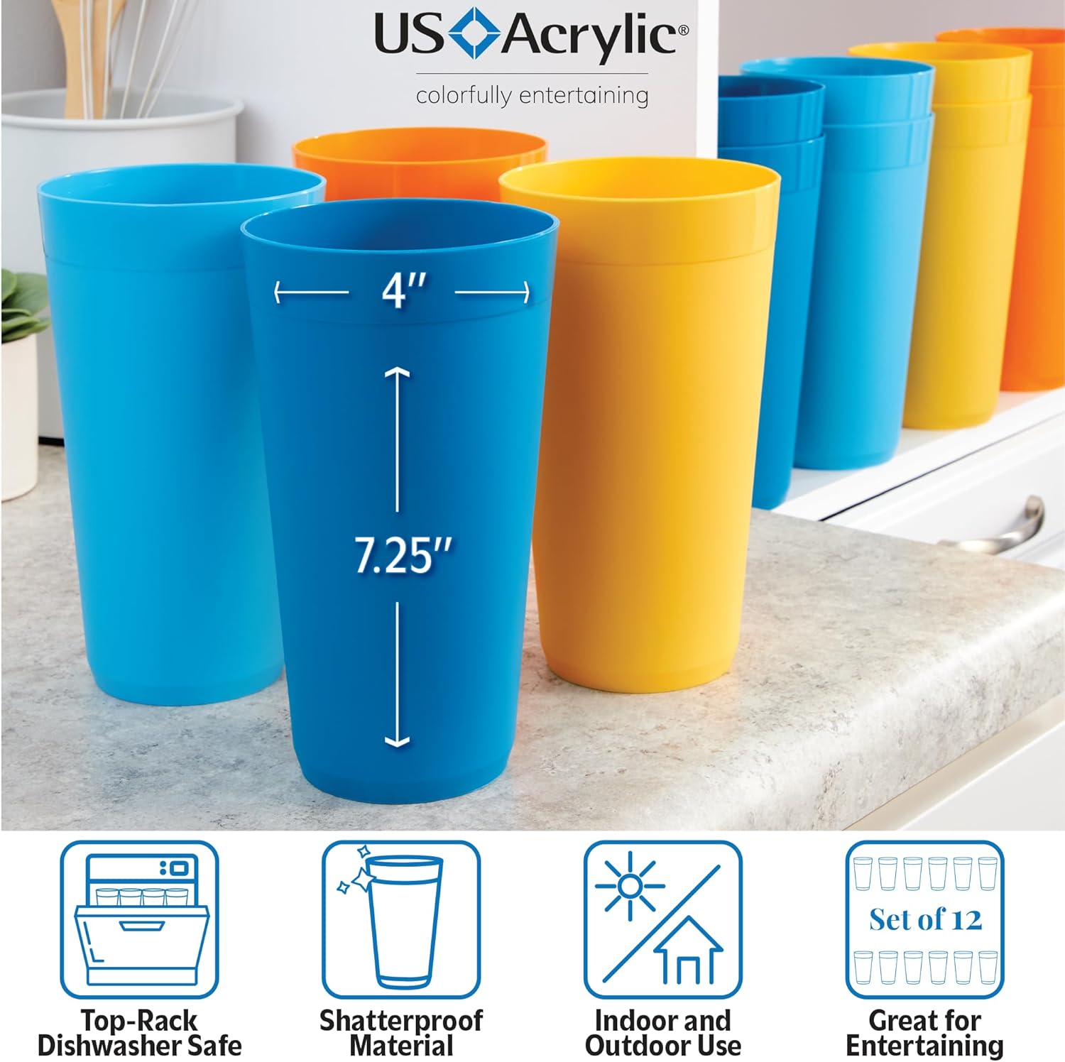 US Acrylic Newport 32 ounce Unbreakable Plastic Stackable Iced-Tea Tumblers in 4 Sunrise Colors | Set of 12 Drinking Cups | Reusable, BPA-free, Made in the USA, Top-rack Dishwasher and Microwave Safe - Image 3