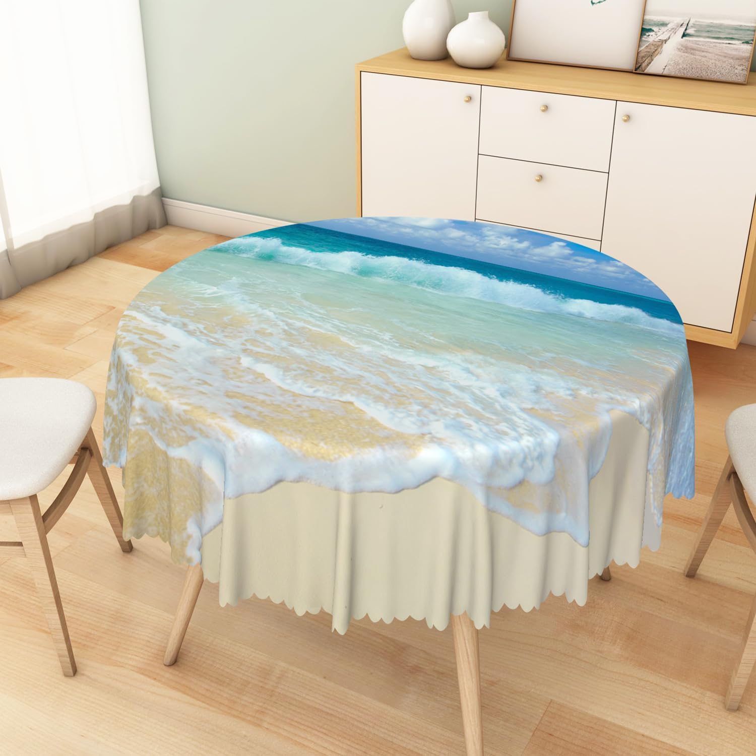 Seascape Round Tablecloth 70 Inch Sand Beach Ocean Waves Nature Scenic Table Cloths Waterproof Stain Resistant Table Cover for Kitchen Dining Room Indoor Indoor Outdoor Holiday Party Decor
