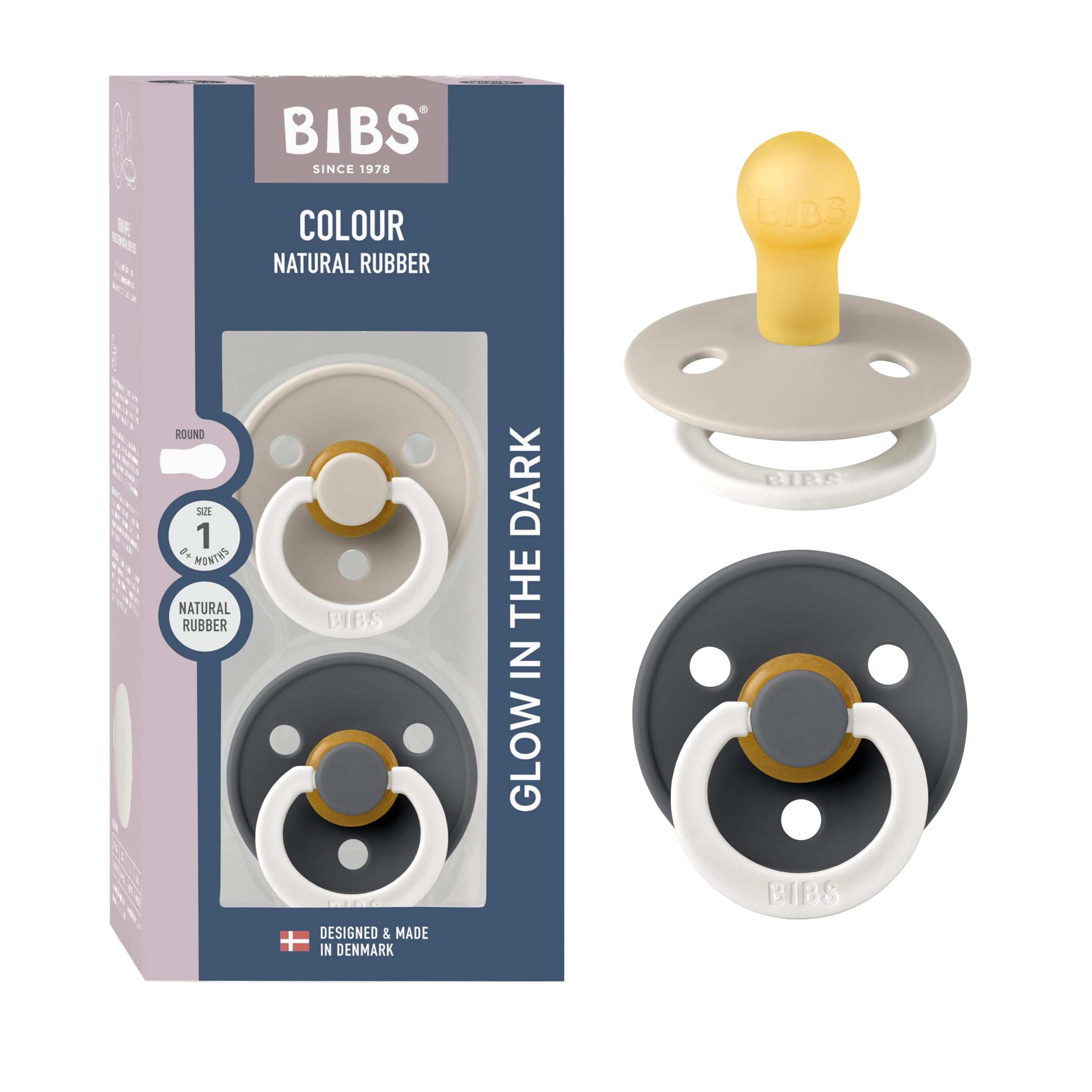 BIBS Colour Glow Schnuller 2er-Pack. BPA-frei. Leuchtet im Dunkeln. Kirschform Nippel. Naturkautschuk/Latex. Hergestellt in Dänemark. Größe 1 (0-6 Monate). Sand Glow/Iron Glow