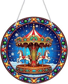 Acrylic Stained Panel Hanging-Stained Glass Carousel Horses in Snow Round Stained Acrylic Hanging Ornament,Wall Art Panel for Indoor/Outdoor Decor, Garden Decoration Or Housewarming Gi