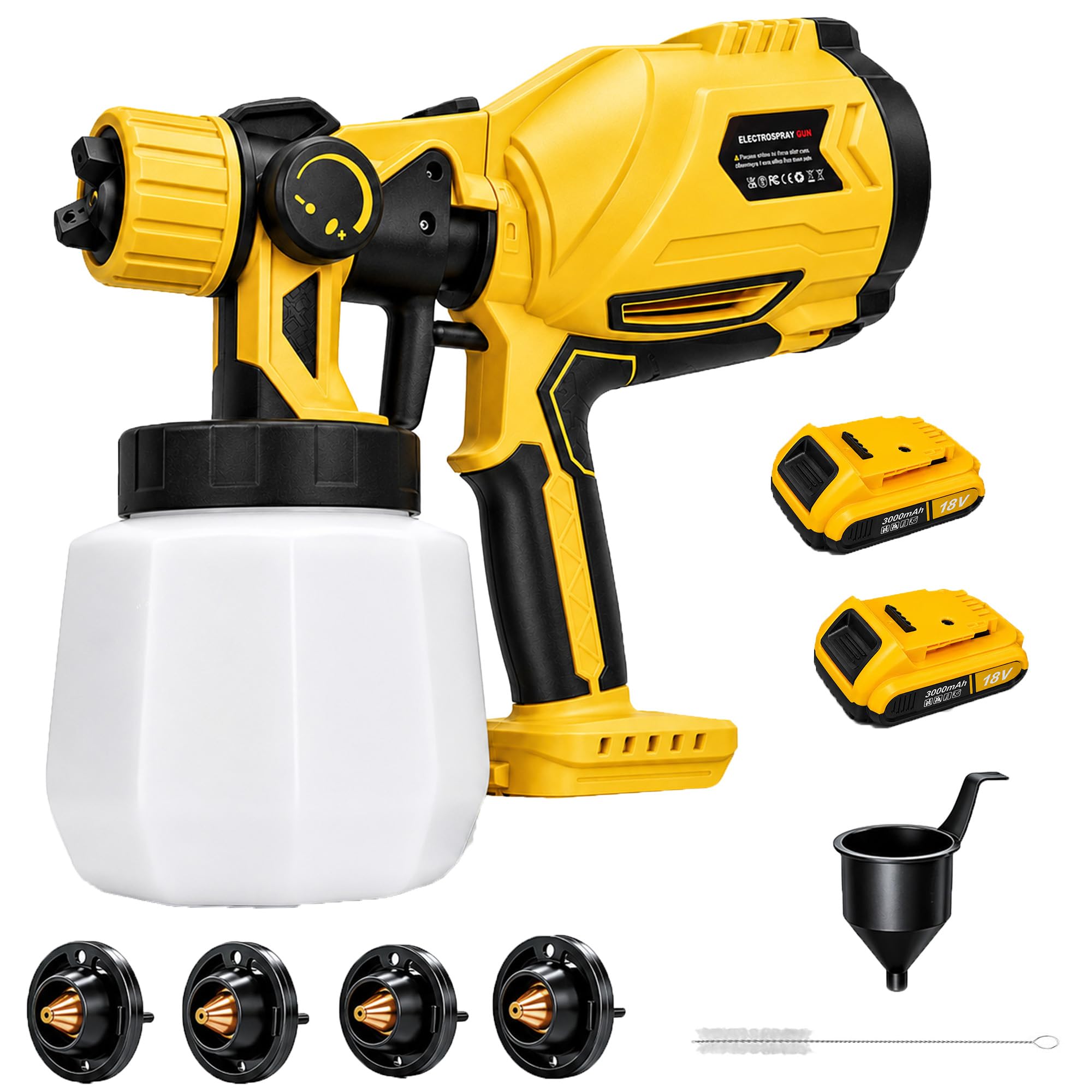 500W Paint Sprayer, 1200ML HVLP Paint Sprayer Includes 3 Nozzles, 3 Patterns & Whole Cleaning kit,for House Painting, Furniture, Cabinets, (2X3.0Ah Battery) yellow
