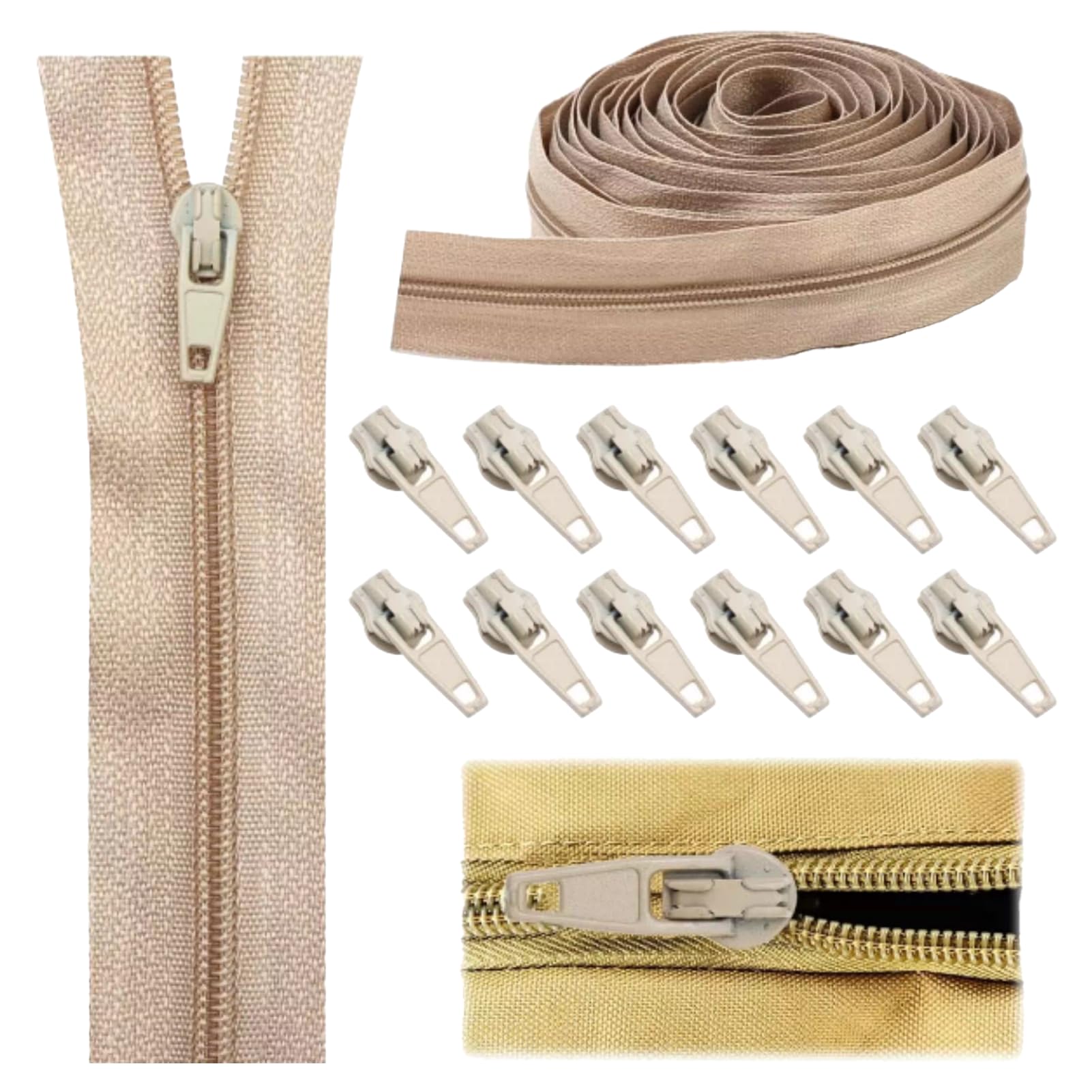 Lechisenop Khaki Continuous Zip, Zips For Sewing 5M Zipper Size 3# Nylon Continuous Zipping Heavy Duty Trimmable On Roll Number 3 With 12 Sliders Invisible Zip For Jackets, Cushions, Diy Sewing Tailor Craft Bag,