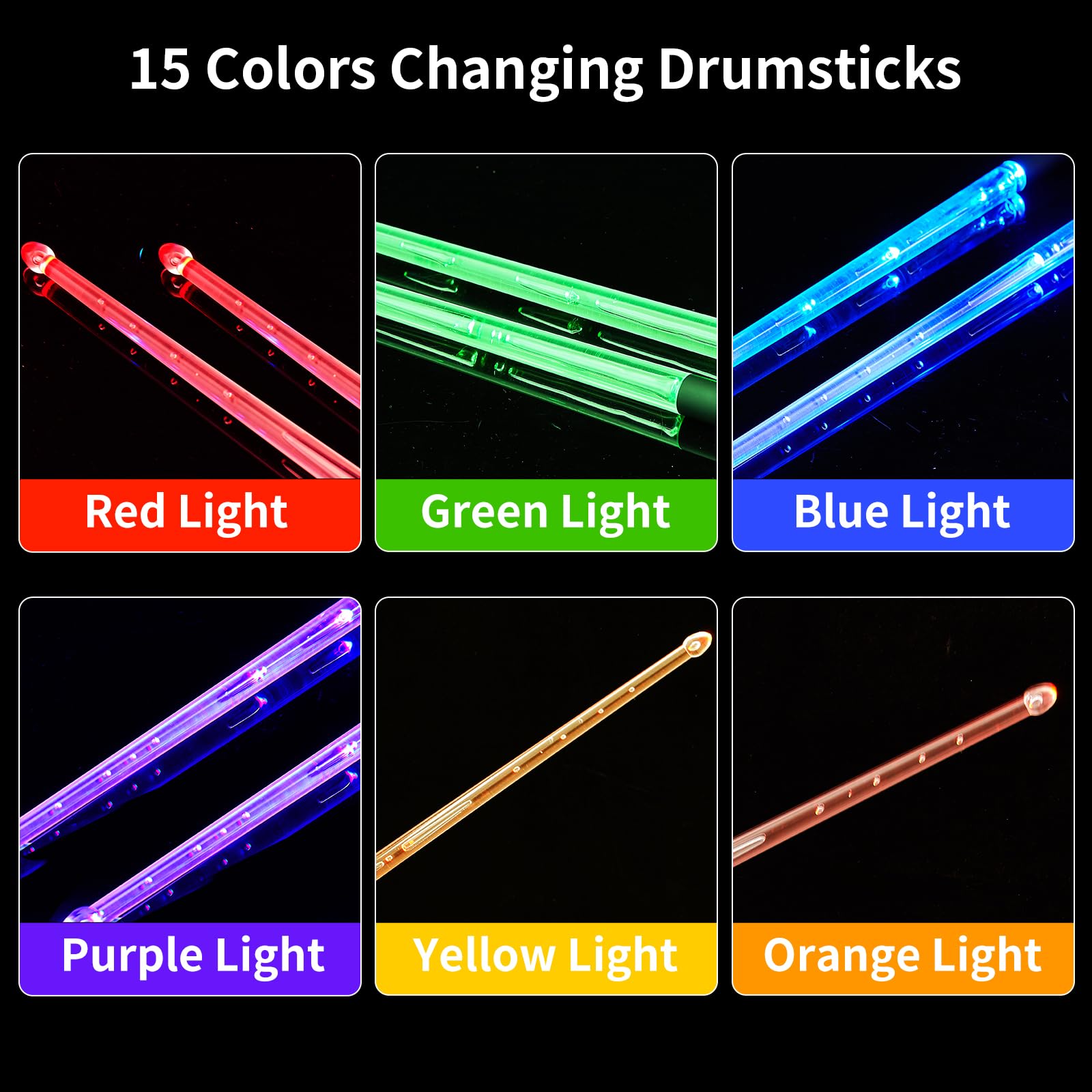 Baquetas recargables de 15 colores cambiantes, baquetas LED que brillan en la oscuridad para niños, accesorios de batería iluminados, regalos de batería en el escenario 2