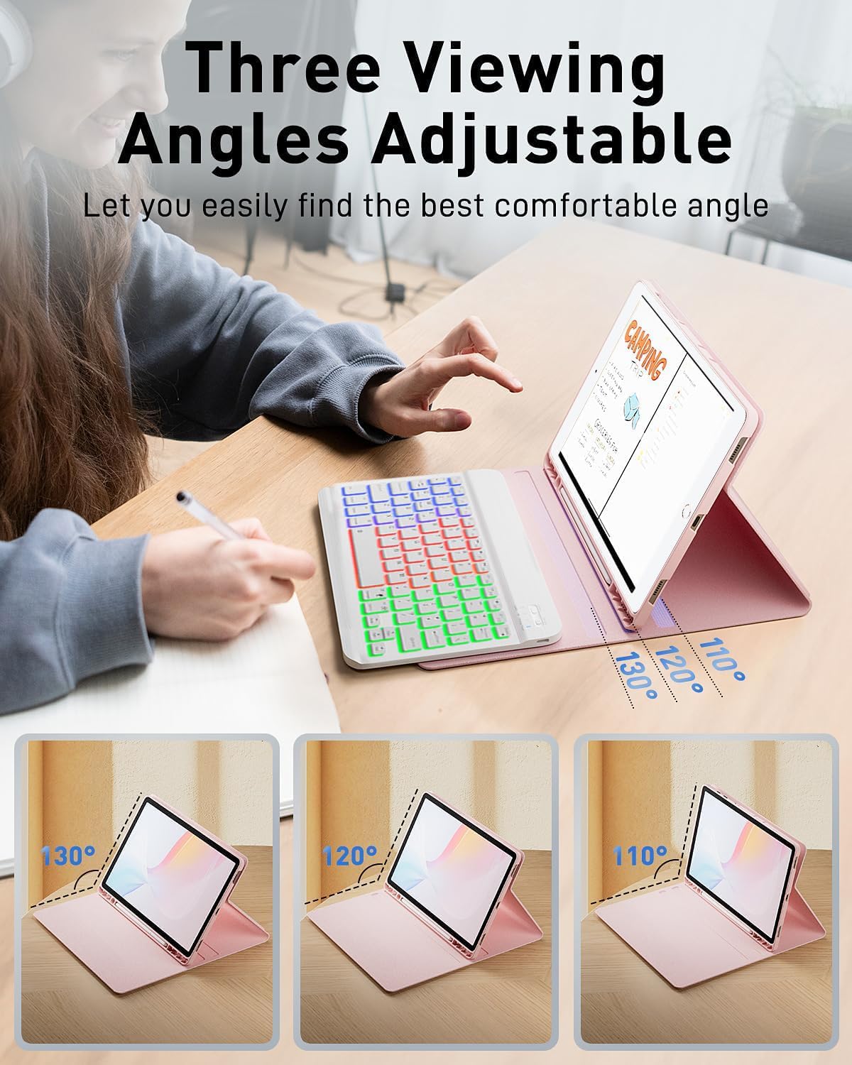 Keyboard Case for iPad 9.7 inch, iPad 6th (2018)/iPad 5th Gen(2017), iPad Pro 9.7(2016), iPad Air 2 (2014) - 7 Color Rainbow Change Backlit Magnetic Keyboard Built in Pencil Holder with Mouse - Pink - Image 6