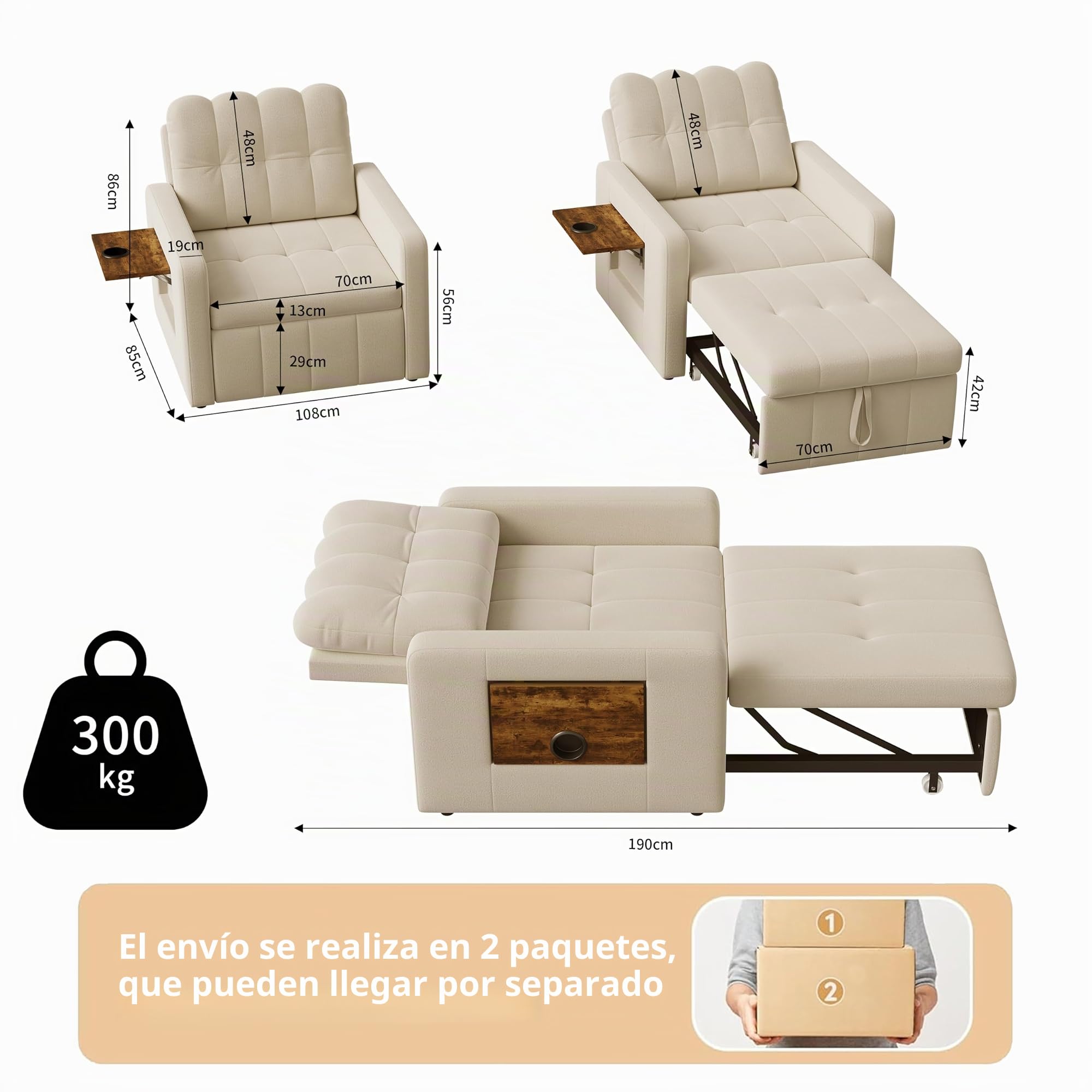 Sofá Cama Convertible de 1 Plaza 3 en 1 sillón Convertible con función Cama, Respaldo Ajustable, Mesa Auxiliar Plegable, colchón, cojín y Bolsillos, sofá Cama Plegable para apartamento pequeño