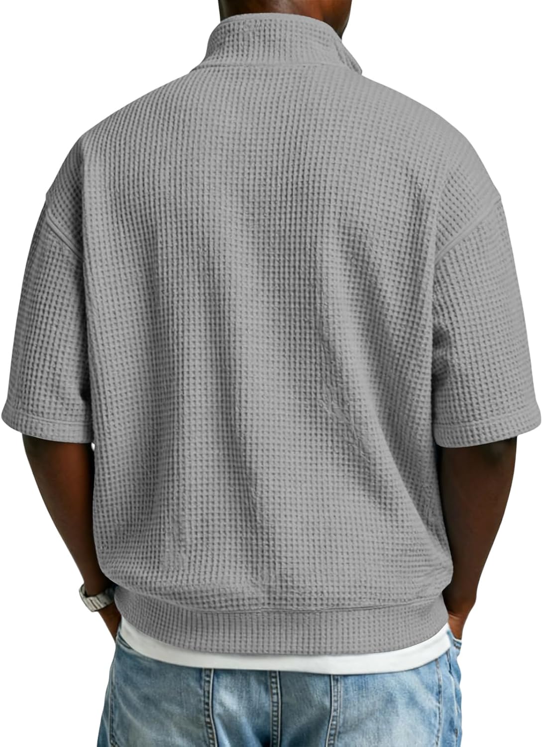 Short Sleeve Waffle Shirts for Men Quarter Zip Pullover Casual Stand Collar Polo Shirt Textured Knit Tops, S-4XL