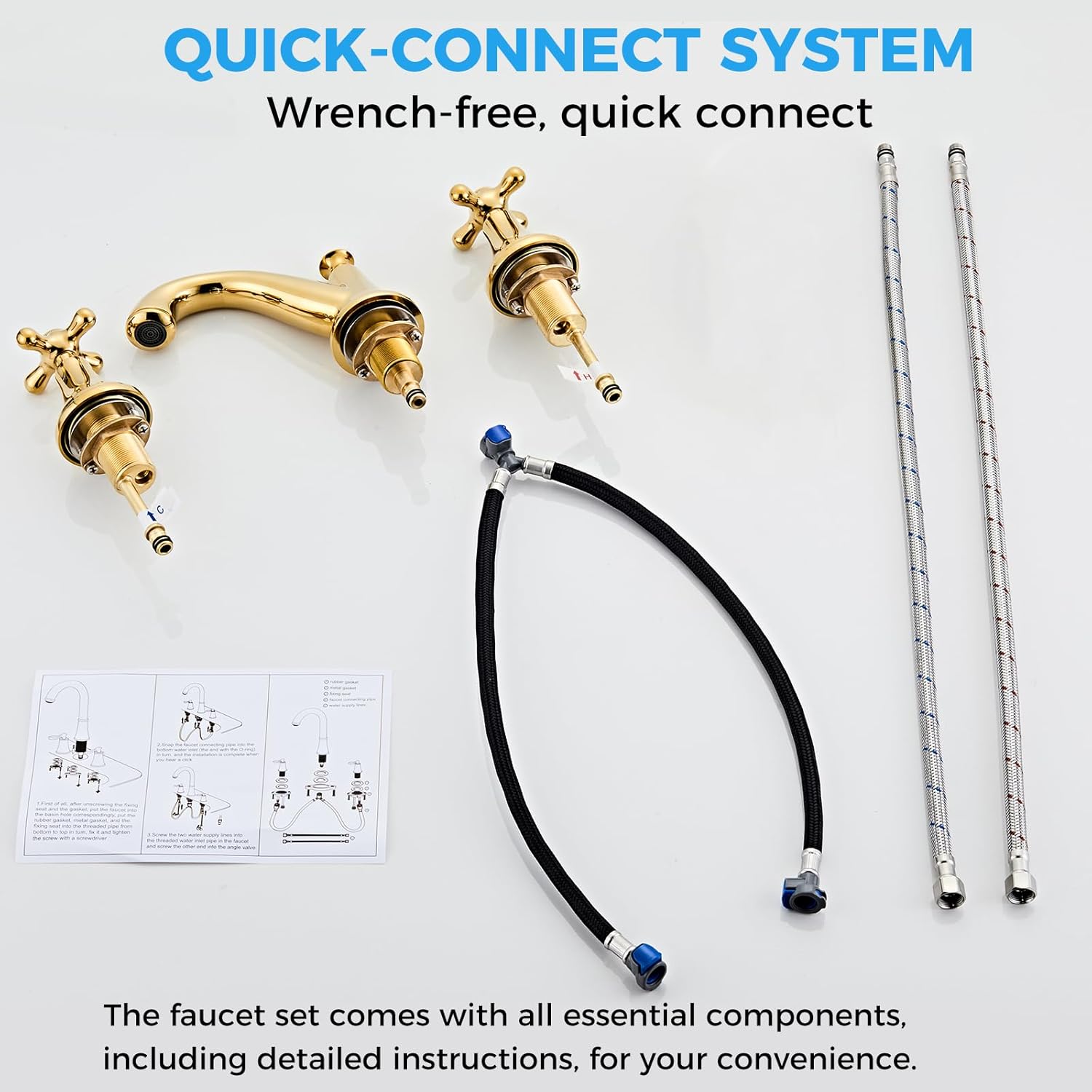 Vintage Widespread Bathroom Faucet, Gold 3-Hole Sink Faucet with Drain Assembly, Solid Brass, Drip-Free Ceramic Cartridge, Adjustable 8-16 Inch Installation - Image 6