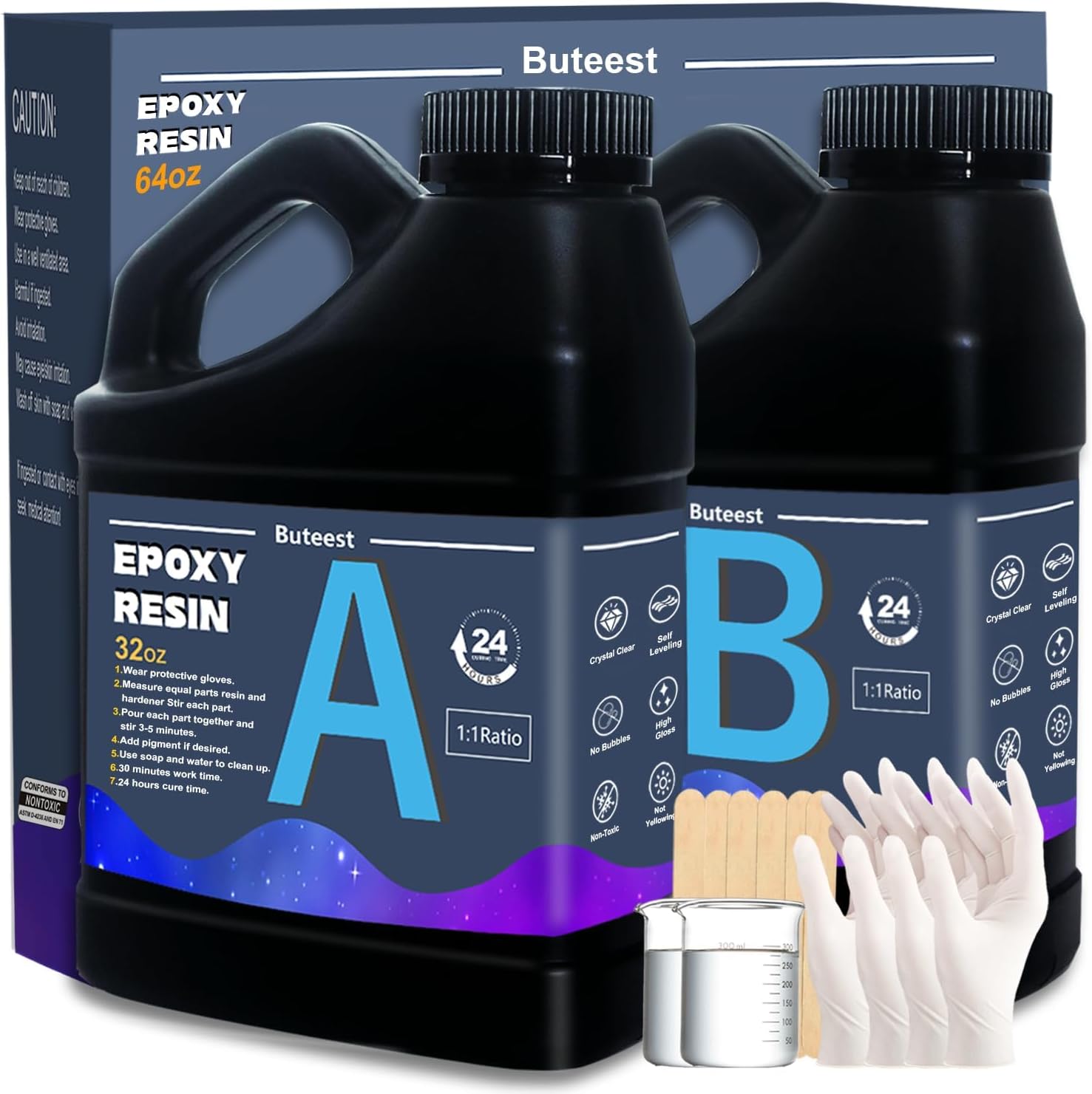 Epoxy Resin Kit Crystal Clear for Beginners 64OZ, Self-Leveling High-Gloss No Odor No Bubbles No Yellowing Art Resin, Casting&Coating Resin for Art Crafts, Coasters, Jewelry, Wood&Molds