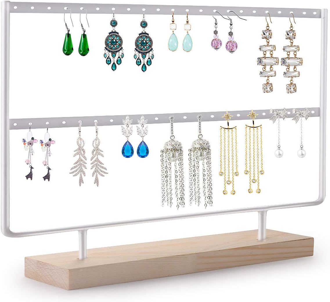 VERGILIUS Earrings Holder Organizer Jewelry Earring Holder Display Wood Stand(46 Holes 2 Layers) (White)