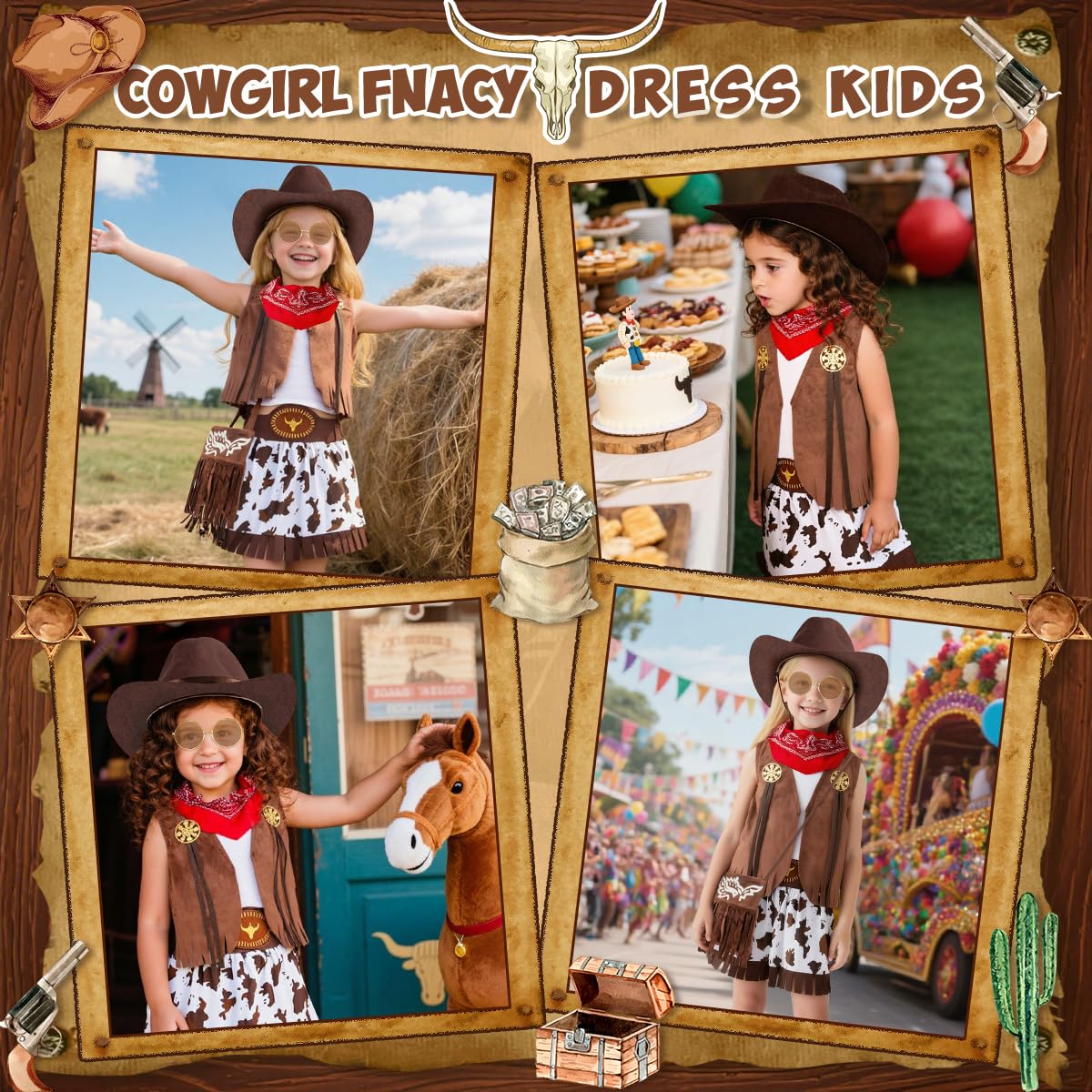 Cowgirl Costume Bambina, Western Vestito Cowgirl Bambina con Gilet, Cappello, Bandana Rossa, Costume da Cowgirl per Halloween Carnevale Cosplay Festa