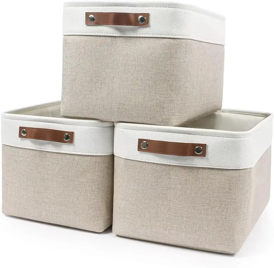 Caixa Cesto Organizador De Tecido Linho Dobrável Offwhite Alça Marrom Multiuso 36x26x16 cm (01 Unidade)