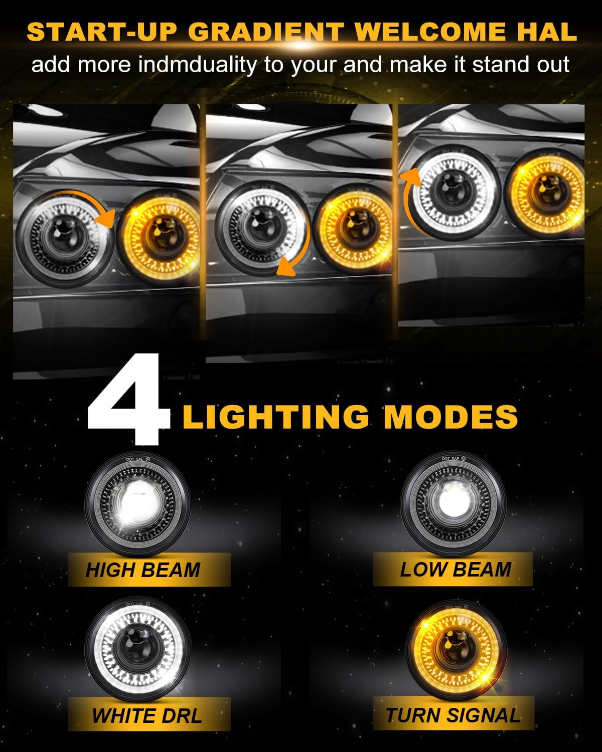 CO LIGHT 4PC 5 3/4'' 5.75 inch LED Headlight, with Start-up Gradient Welcome Halo Turn Signals DRL Anti-Glare Amber Lights Compatible with Chevelle, El Caminos, Firebird, Semi 349 359 Set (4pc)
