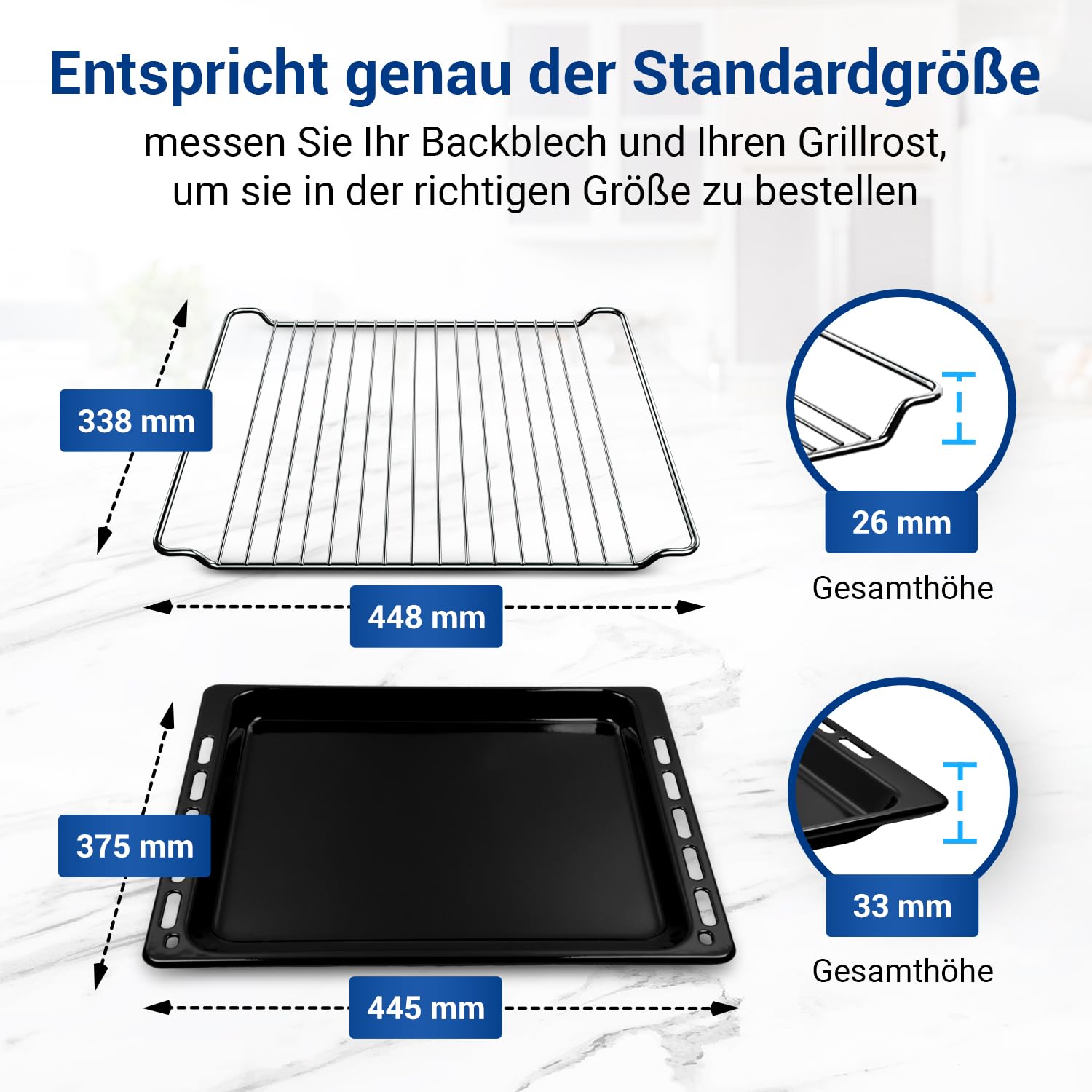VIOKS Juego de bandeja de horno profunda 445 x 375 x 33 mm, repuesto para Whirlpool 481010539879 y parrilla 481245819334 448 x 338 x 26 mm / bandeja universal con borde alto y rejilla para horno
