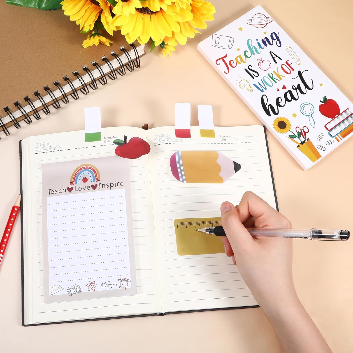 Teaching is A Work of Heart Teacher Sticky Notes Supplies Set, Teacher Appreciation Sticky Notes Gifts Note Pads Writing Memo Pads Self-Stick Chalkboard Pencil Shape School Office 550 Sheet(White) - Image 7
