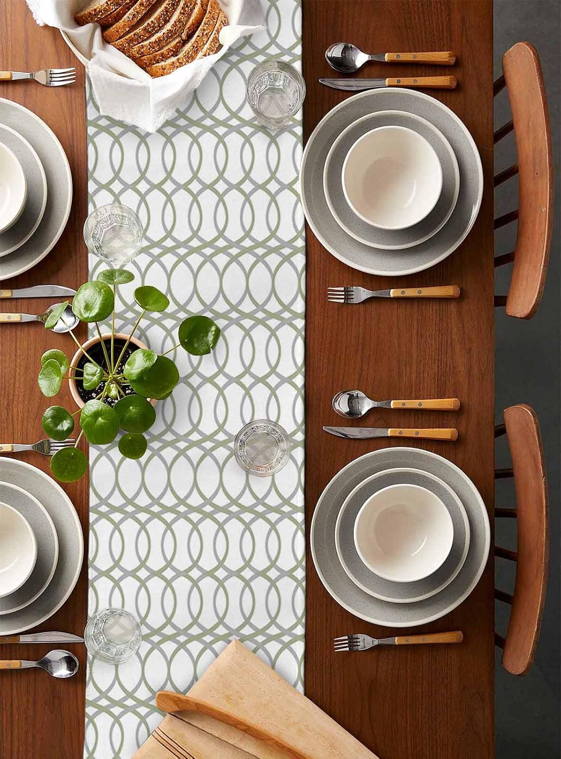 Abstract Sage Green Table Runner 108 Inches Long for Dining Table, Washable Cotton Linen Farmhouse Table Runners Dresser Scarf for Kitchen Party Holiday Modern Geometric Nordic Style