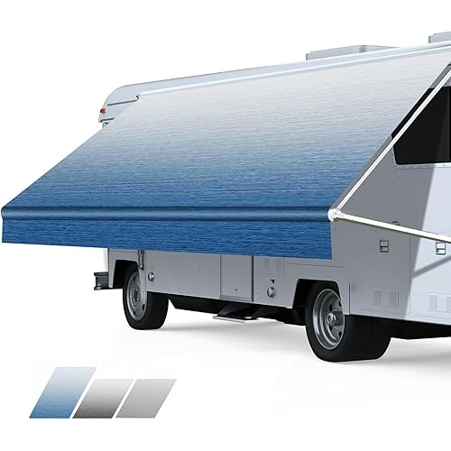 RV Awning Fabric Replacement, Heavy Duty 18.5oz Vinyl RV Awning Fabric, Universal Outdoor Canopy for Camper, Trailer and Motorhome (Sapphire Blue Fade, 18FT(Fabric 17'2"))