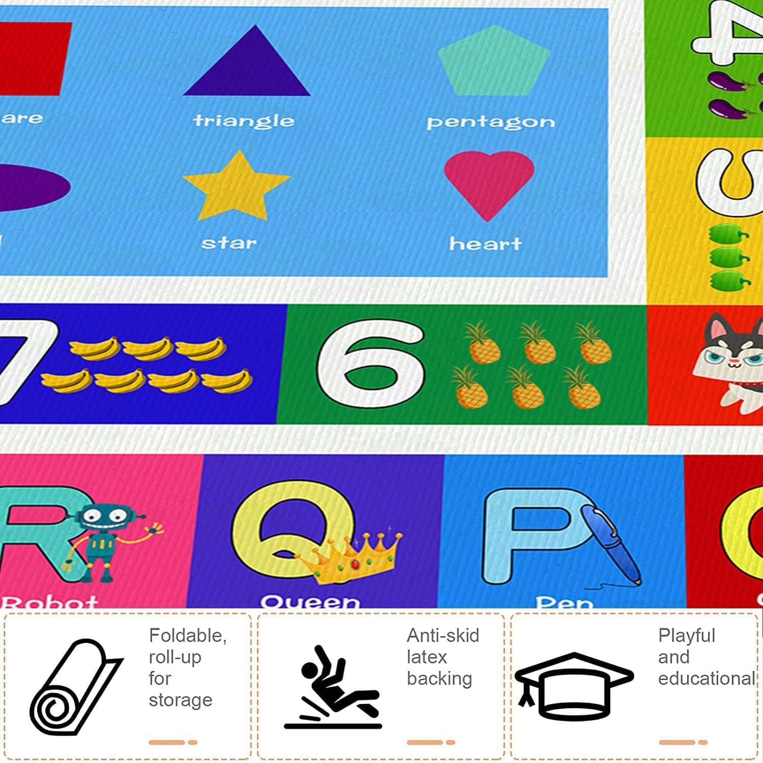 ABC Kids Play Rug - Number Alphabet Shape Fruit Learning Educational Area Rug - Large Non-Slip Kids Room Play Mat (Alphabet, 6' x 4' (Rectangular))