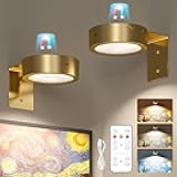 Brightown 2-Pack Picture Lights for Wall,Rechargeable Battery Operated Painting Light Magnetic Art Display Light with Remote, Puck Lights, Dimmable & Timer Art Lighting for Paintings Wireless,Gold