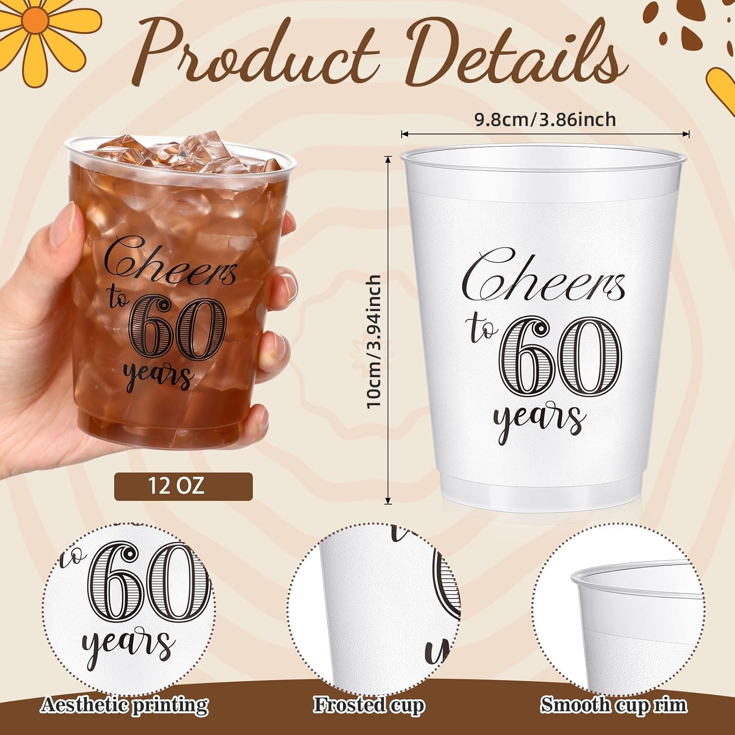 50 Pack 60th Birthday Frost Cups 12 oz Cheers to 60 Years Birthday Decorations Disposable Clear Plastic Cups for Women Men Cold Drinks Wedding Anniversary Party Favors