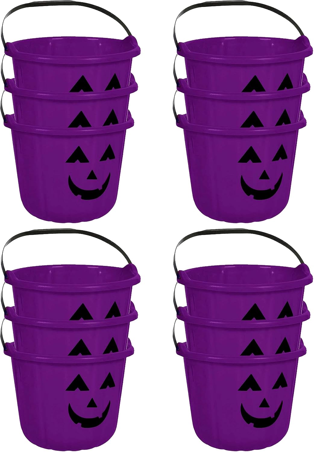 PMU 12 Pcs Halloween Jack-O-Lantern Pail Bucket - Two Sided Design Gift Basket - Pumpkin Plastic Buckets with Handle - Perfect Halloween Décor - 9 Inch Purple