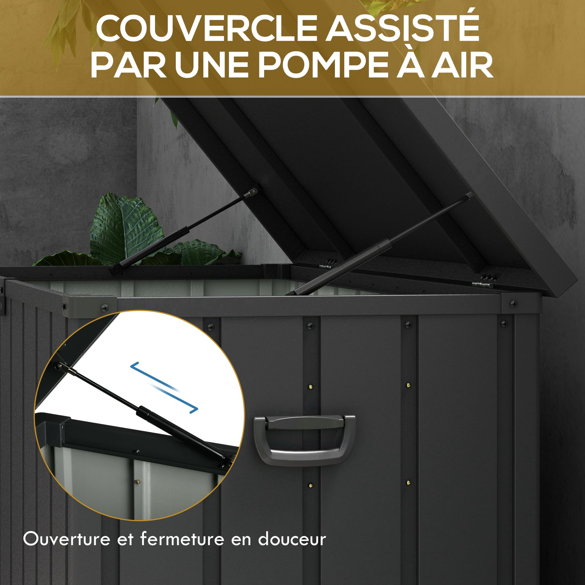 Outsunny Coffre de Rangement 450L Métal 125,5x61,5x70cm Gris Foncé | Malle de Jardin Extérieur, Poignée, Roulettes, Vérin à Gaz