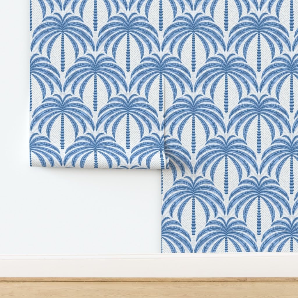 Spoonflower Peel & Stick Wallpaper 3ft x 2ft - Palm Trees Blue and White Large Scale Tropical Palms Geometric Coastal Nautical Custom Removable Wallpaper