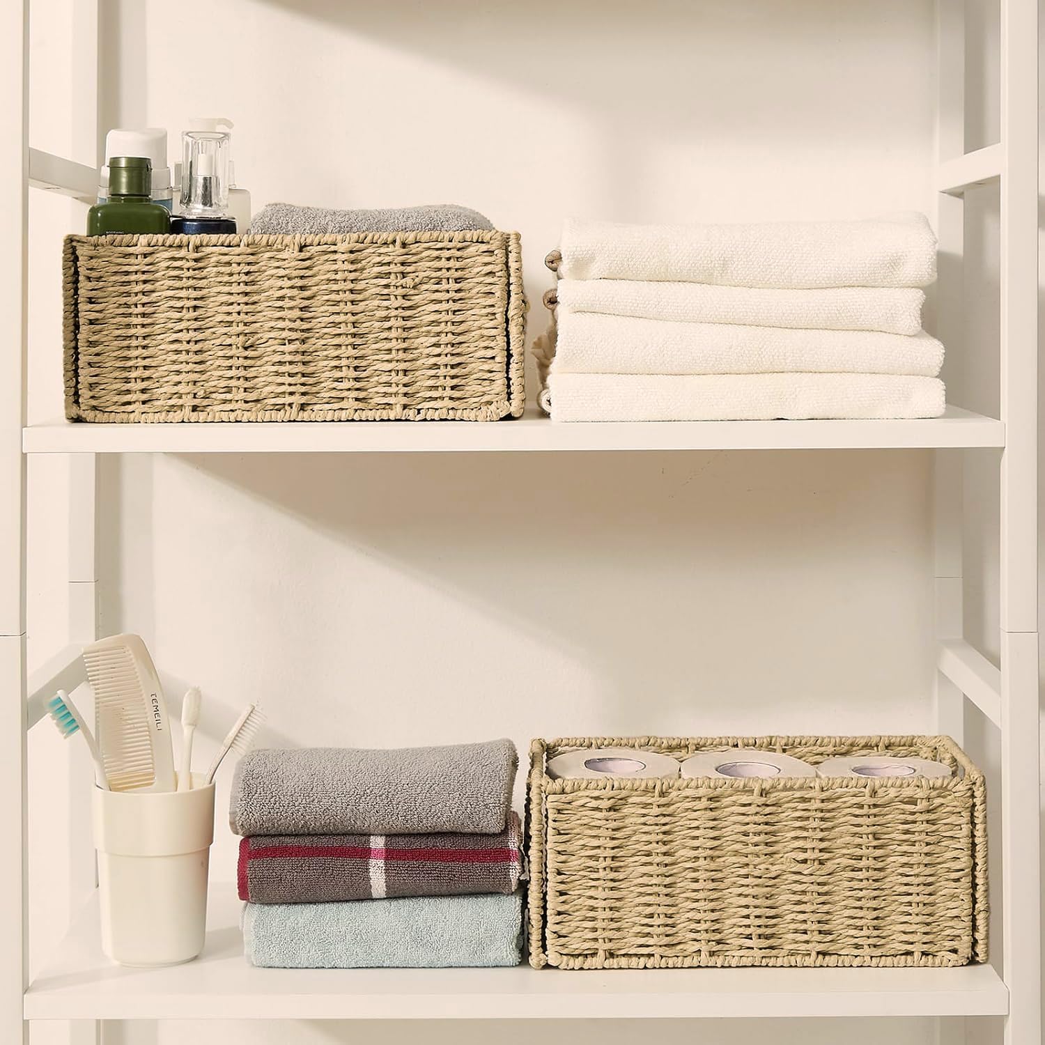 2 Cestas de Almacenaje, Cesta Mimbre Tejidas a Mano Rectangular 30x15x12cm, Cesta Plegable de Papel Jacinto de Agua, Cesto Decorativo para Baño Estanterías Kallax Cocina y Cosa Pequeñas