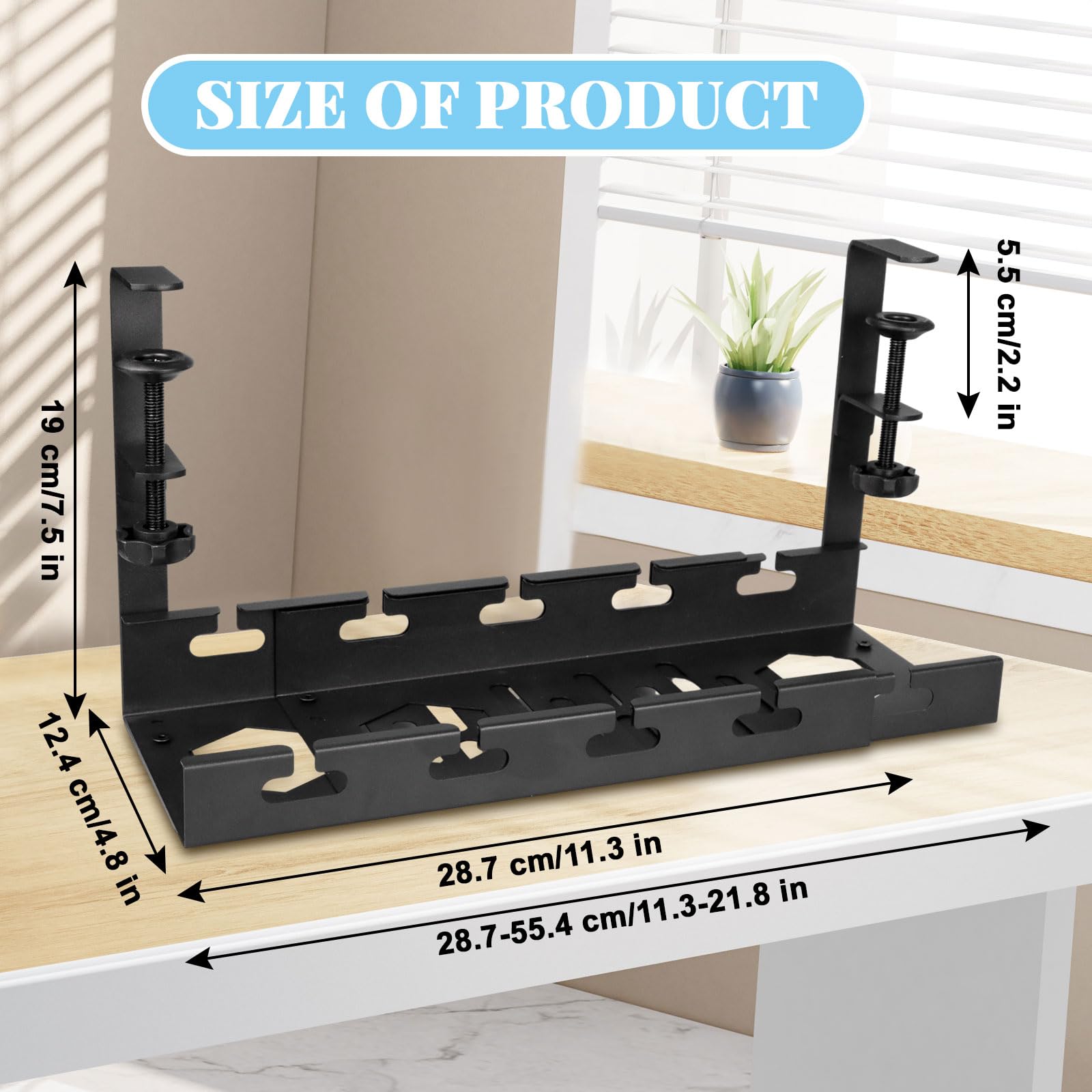 Cable Management, Plateau de Gestion des Câbles sous Bureau sans Perçage, Rétractable 28,7cm-55cm, Organisateur de Câbles et Multiprises pour Bureau à Domicile, Noir